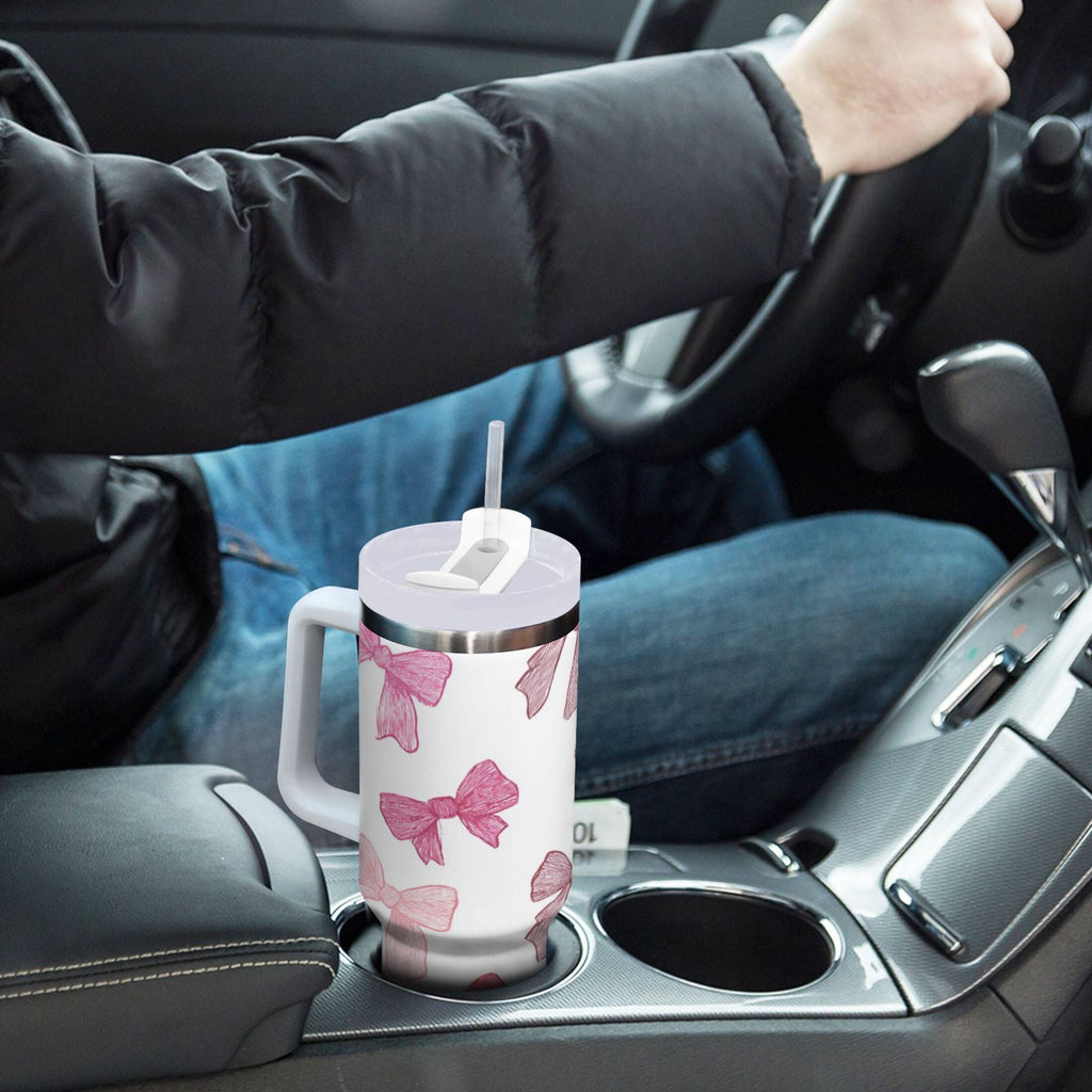 40 oz Insulated Stainless Steel Tumbler Double Wall Stainless Steel Tumbler with 2-Way Drinking Pink Bows Pattern Edition-TQX9