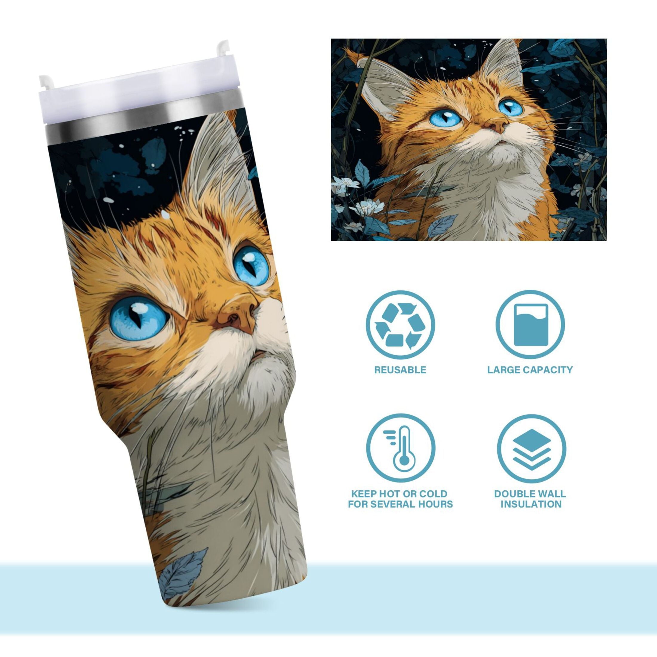 30 oz Insulated Stainless Steel Tumbler Double Wall Stainless Steel Tumbler with 2-Way Drinking Orange Cat with Blue Eyes Edition-Y7S0