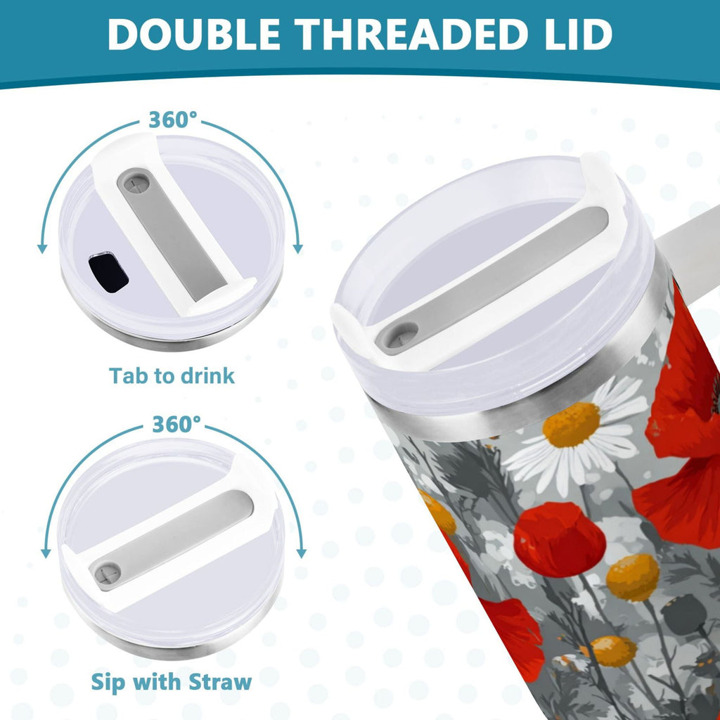 40 oz Insulated Stainless Steel Tumbler Double Wall Stainless Steel Tumbler with 2-Way Drinking Red Flowers and Daisies Edition-3930