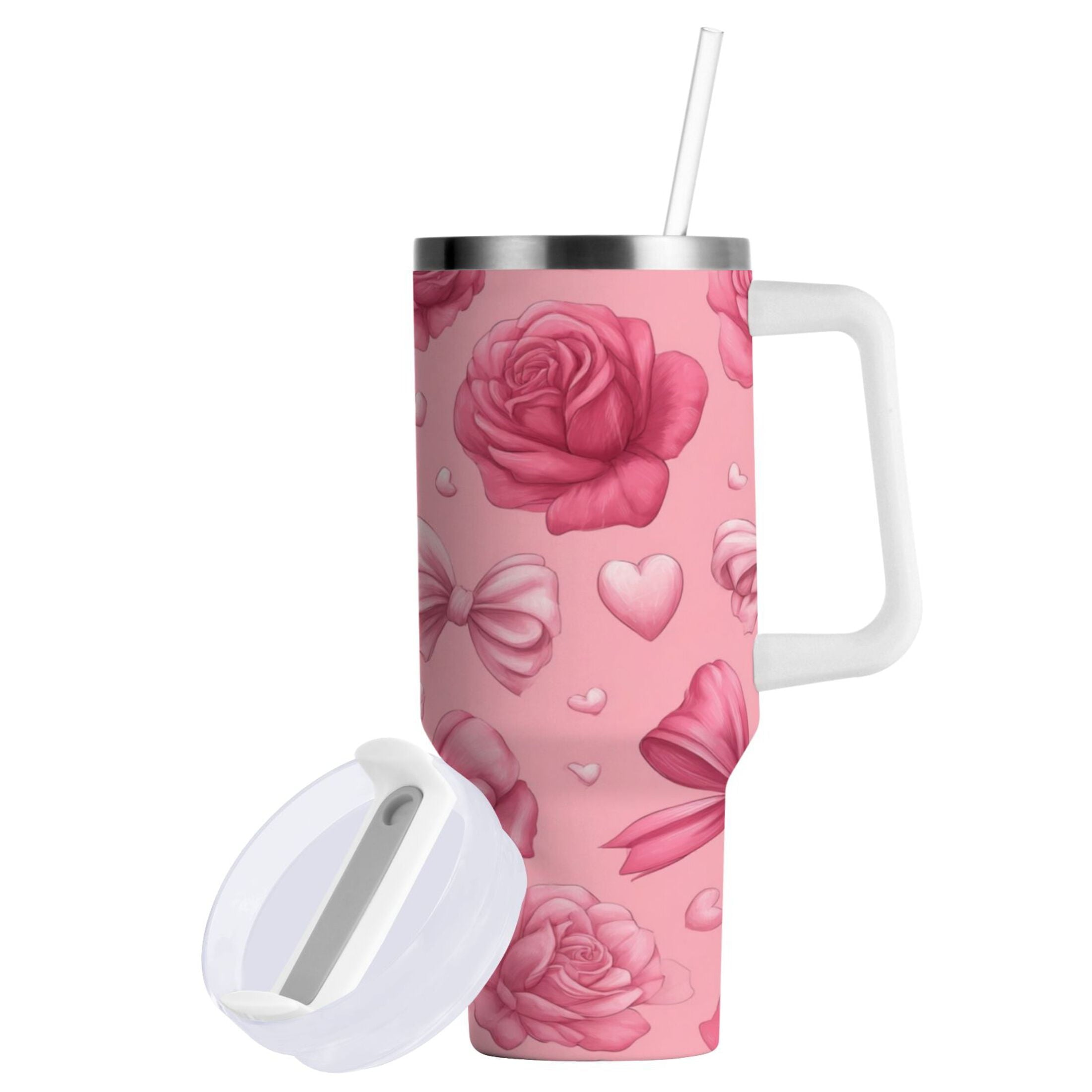 40 oz Insulated Stainless Steel Tumbler Double Wall Stainless Steel Tumbler with 2-Way Drinking Roses and Bows Pattern Edition-ON1B