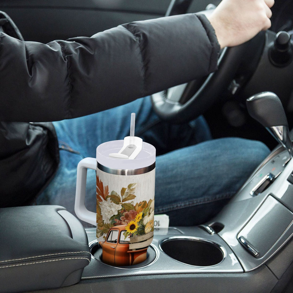 40 oz Insulated Stainless Steel Tumbler Double Wall Stainless Steel Tumbler with 2-Way Drinking Truck Full Of Pumpkins Edition-XDON