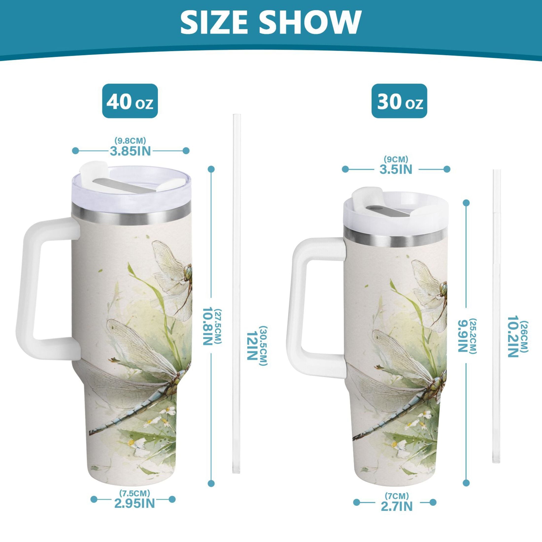 30 oz Insulated Stainless Steel Tumbler Double Wall Stainless Steel Tumbler with 2-Way Drinking Dragonflies with White Daisies Edition-EJMT