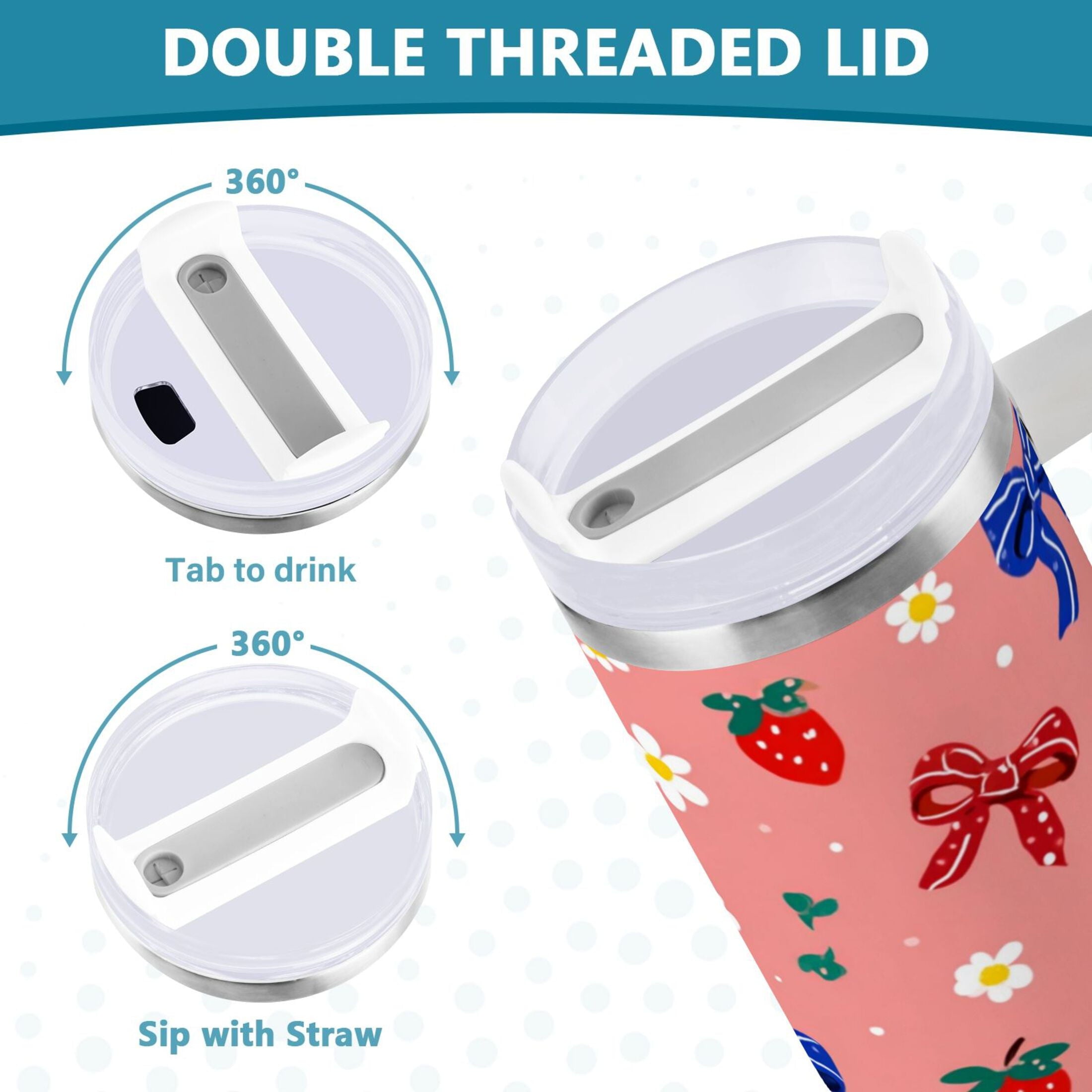40 oz Insulated Stainless Steel Tumbler Double Wall Stainless Steel Tumbler with 2-Way Drinking Bows and Strawberries Pattern Edition-ZS7F