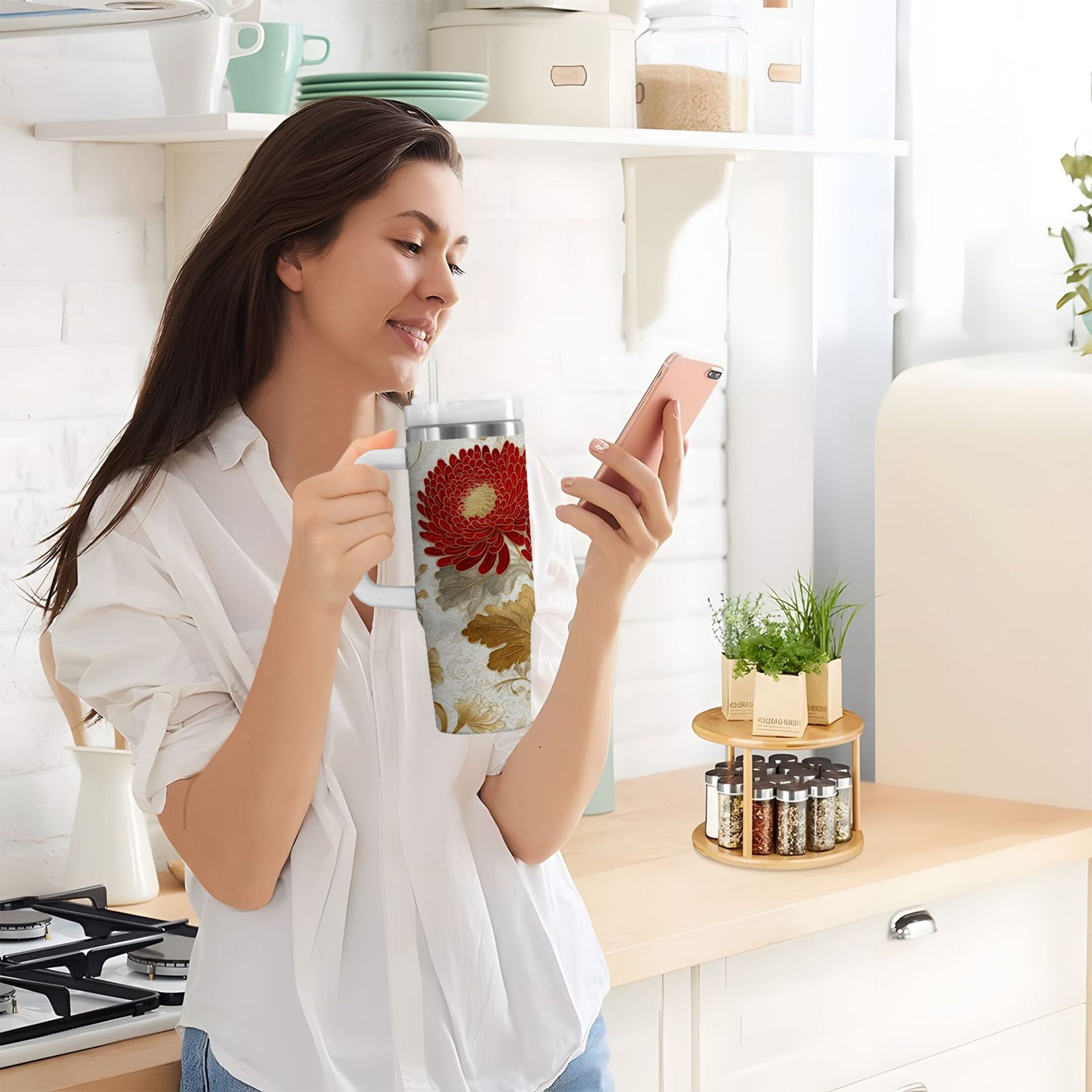 30 oz Insulated Stainless Steel Tumbler Double Wall Stainless Steel Tumbler with 2-Way Drinking Red Chrysanthemum Pattern Edition-ETUM