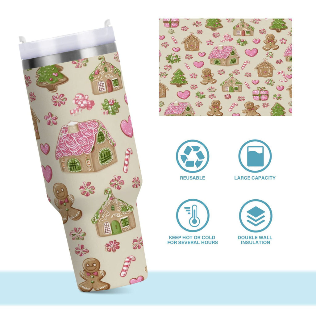 40 oz Insulated Stainless Steel Tumbler Double Wall Stainless Steel Tumbler with 2-Way Drinking Pink Cute Christmas Pattern Edition-Y59P