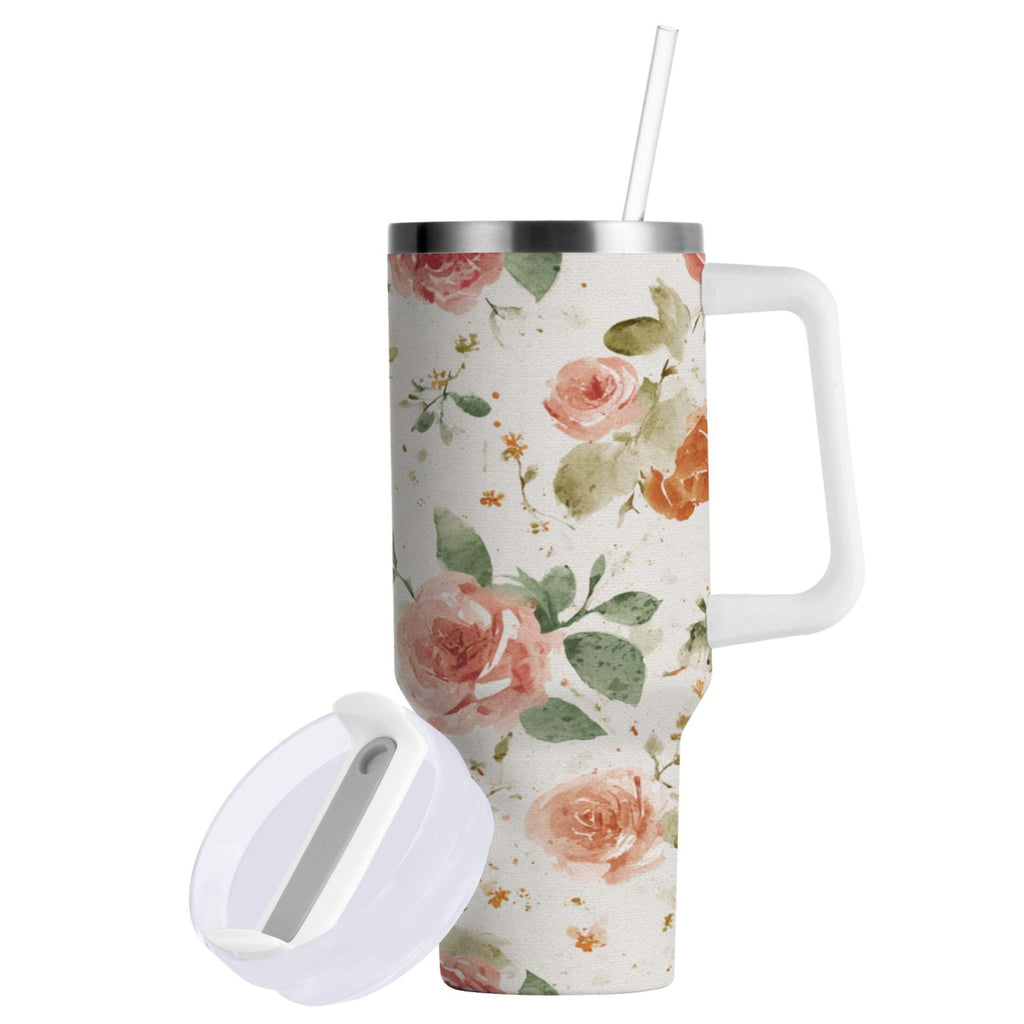 40 oz Insulated Stainless Steel Tumbler Double Wall Stainless Steel Tumbler with 2-Way Drinking Watercolor Rose Floral Pattern Edition-9A68