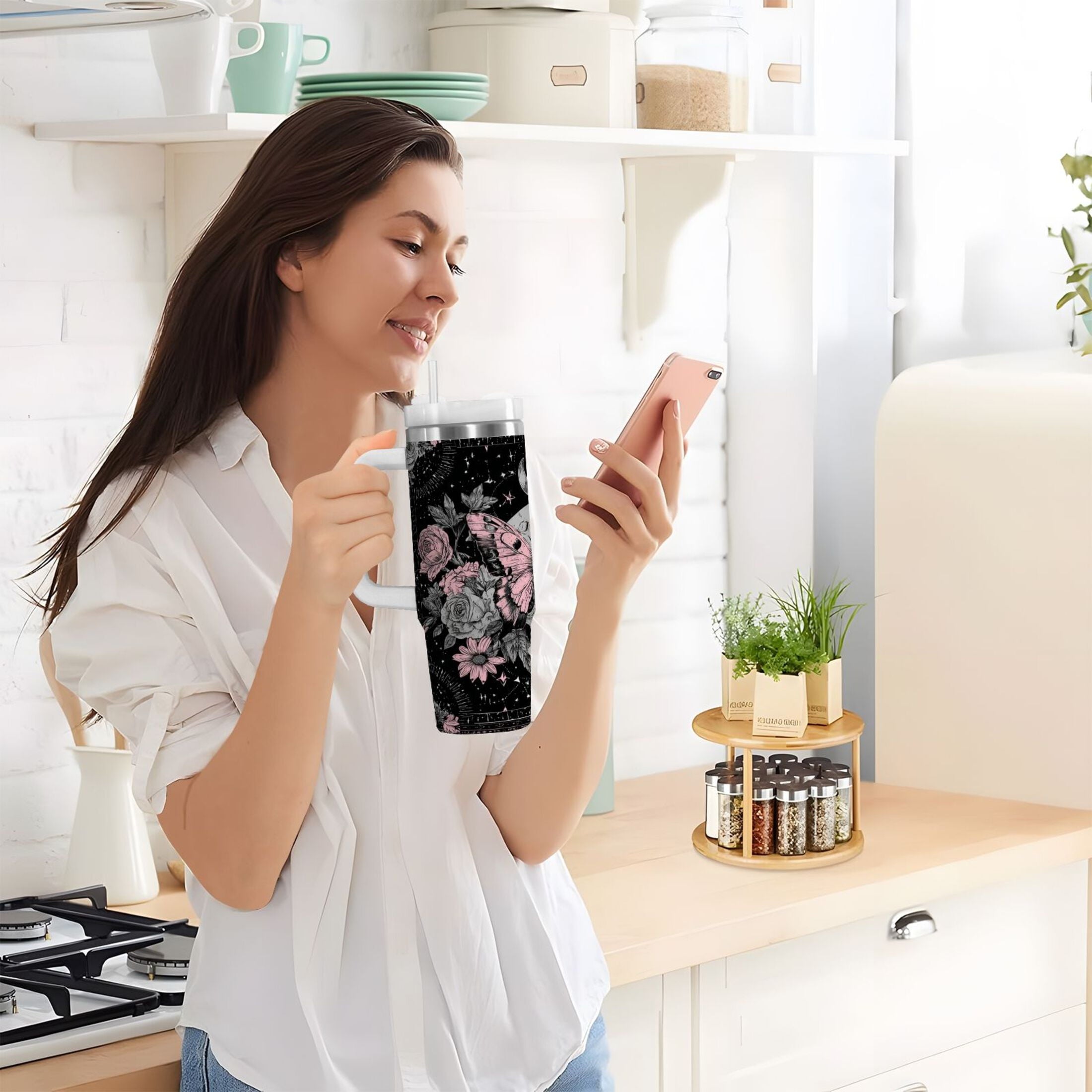 30 oz Insulated Stainless Steel Tumbler Double Wall Stainless Steel Tumbler with 2-Way Drinking Butterfly by Moon and Flowers Edition-D734