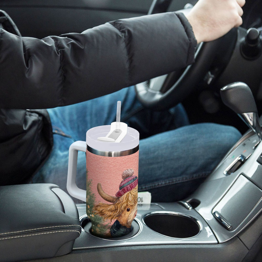 30 oz Insulated Stainless Steel Tumbler Double Wall Stainless Steel Tumbler with 2-Way Drinking Cow Wearing Scarf and Hat Edition-HLJO