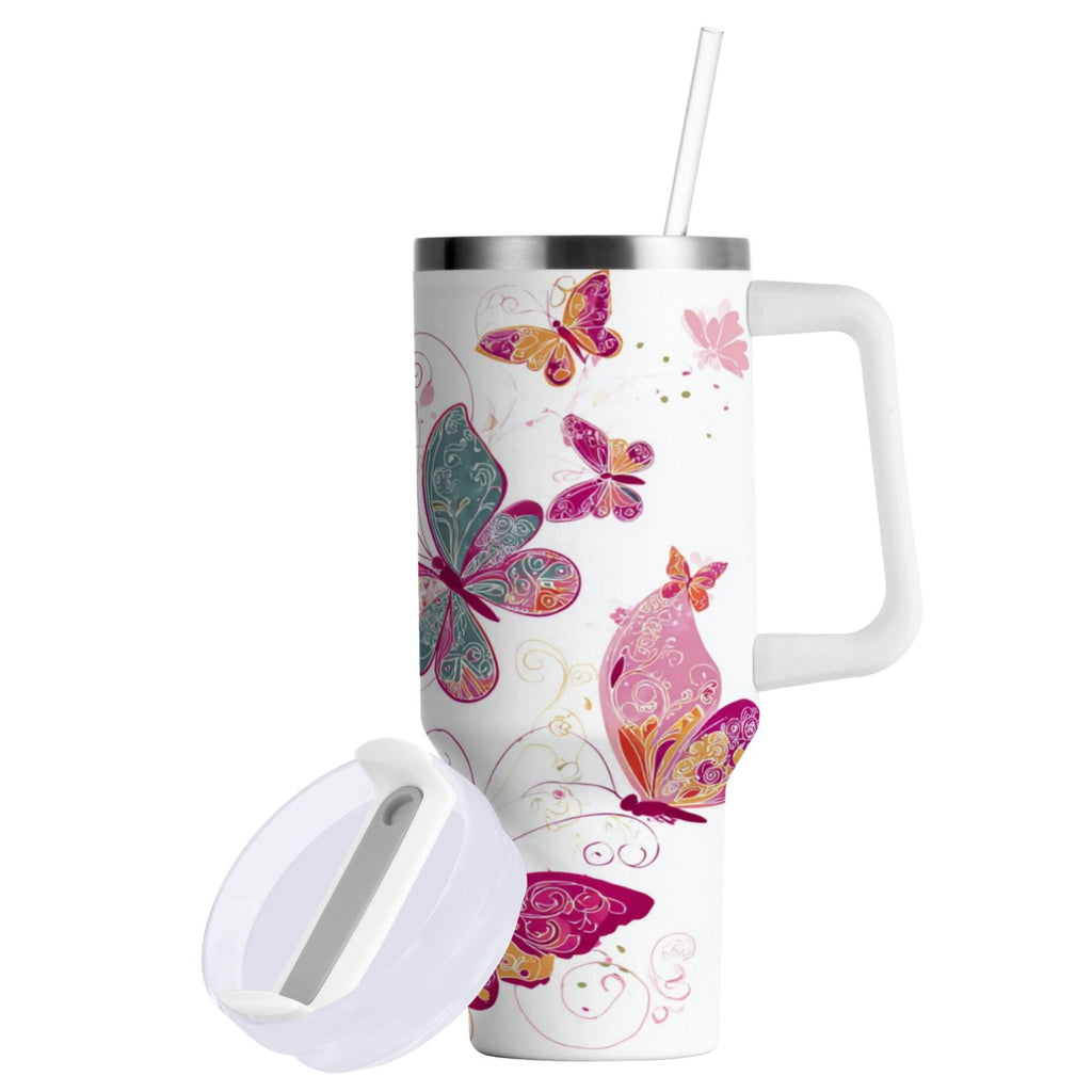 30 oz Insulated Stainless Steel Tumbler Double Wall Stainless Steel Tumbler with 2-Way Drinking Colorful Butterflies Edition-JJJ8