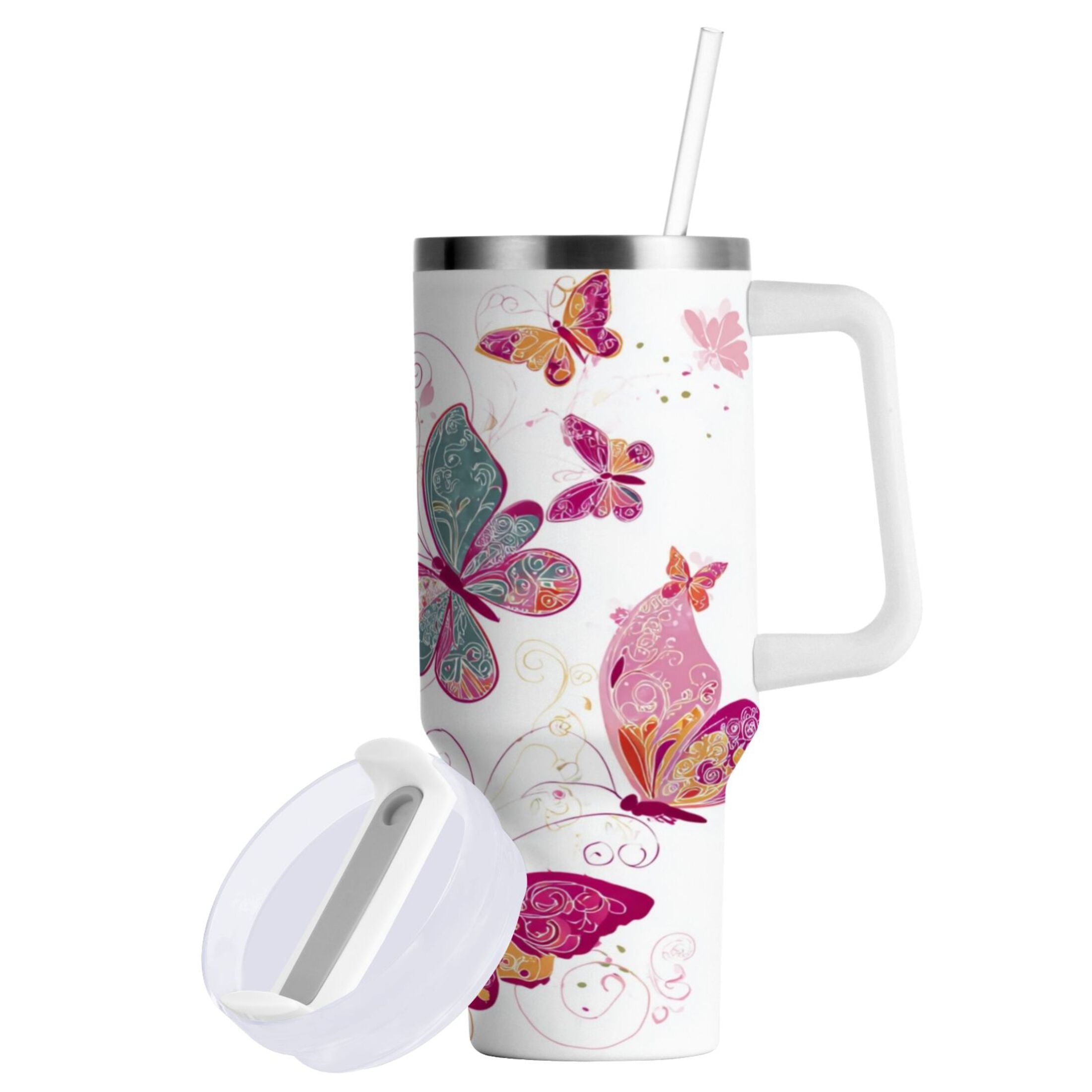 30 oz Insulated Stainless Steel Tumbler Double Wall Stainless Steel Tumbler with 2-Way Drinking Colorful Butterflies Edition-JJJ8
