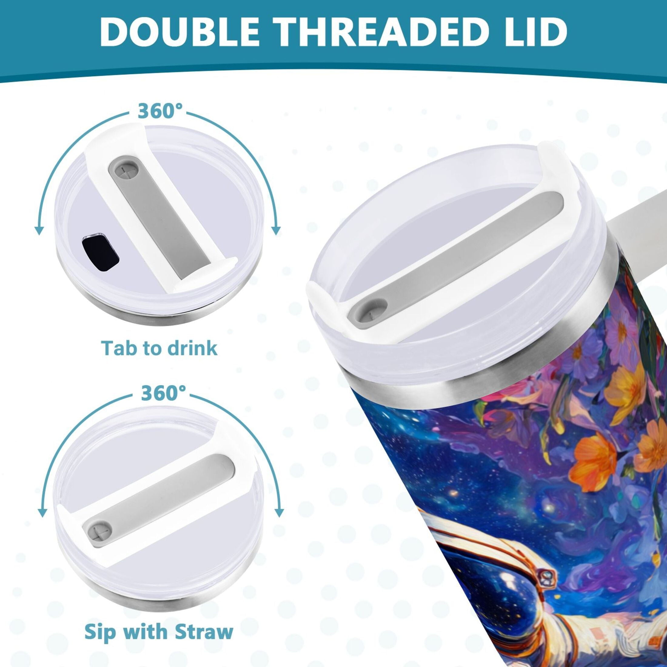40 oz Insulated Stainless Steel Tumbler Double Wall Stainless Steel Tumbler with 2-Way Drinking Astronaut and Colorful Flowers Edition-L6AF