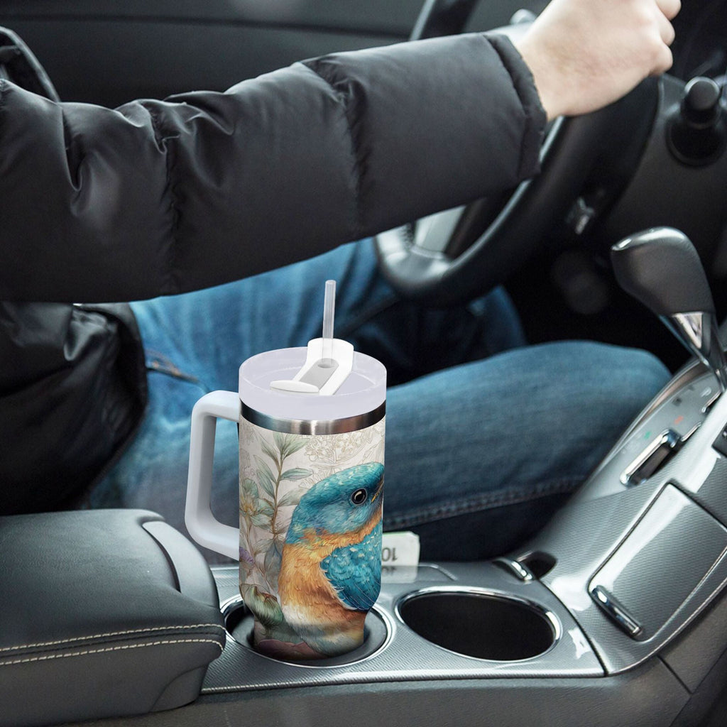 30 oz Insulated Stainless Steel Tumbler Double Wall Stainless Steel Tumbler with 2-Way Drinking Bluebird and Flower Edition-Q4FO