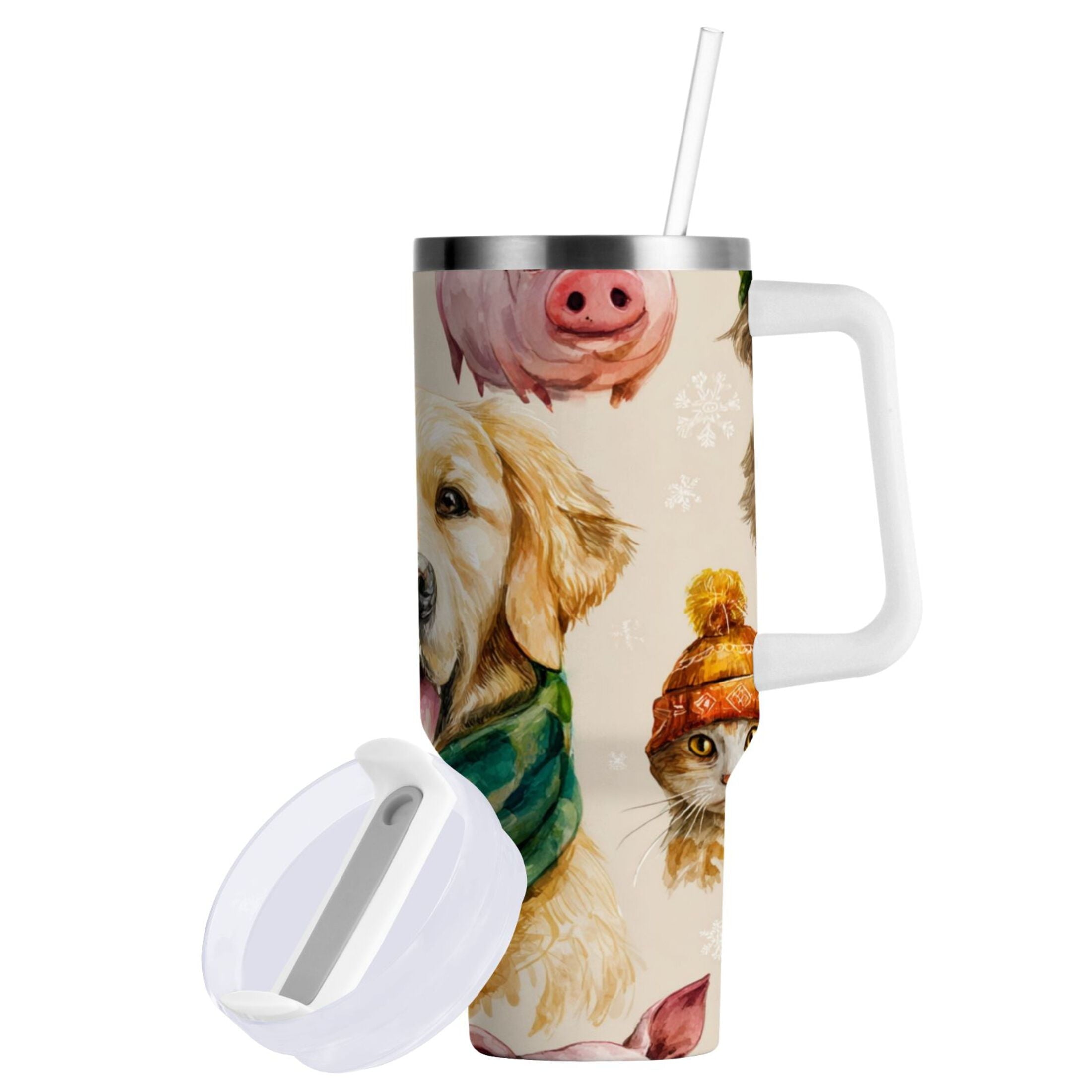 30 oz Insulated Stainless Steel Tumbler Double Wall Stainless Steel Tumbler with 2-Way Drinking Watercolor Animals Pattern Edition-08QW