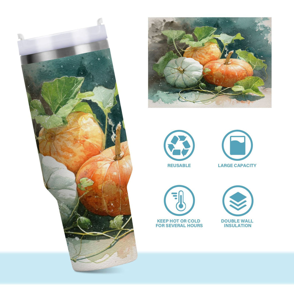 40 oz Insulated Stainless Steel Tumbler Double Wall Stainless Steel Tumbler with 2-Way Drinking Orange and White Pumpkins Edition-DL5E