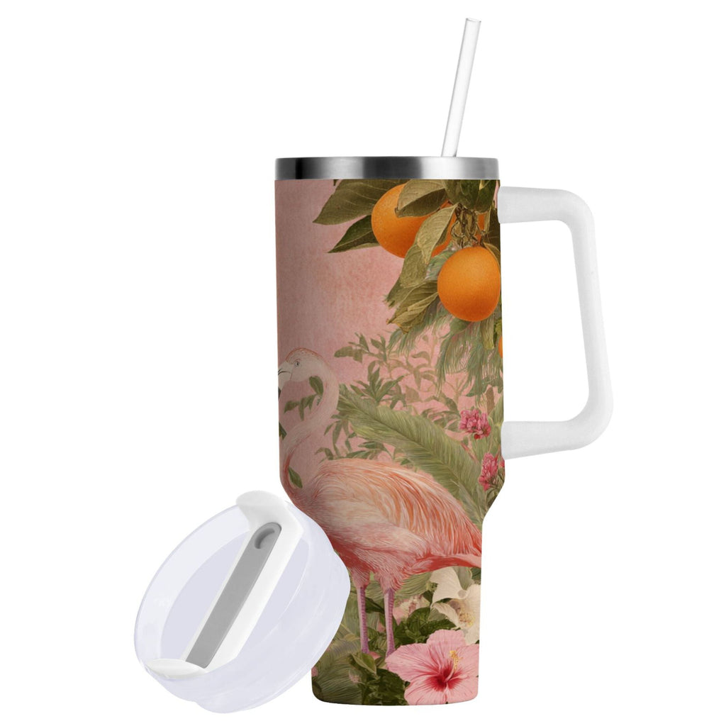 40 oz Insulated Stainless Steel Tumbler Double Wall Stainless Steel Tumbler with 2-Way Drinking Flamingos in Tropical Garden Edition-HXK2