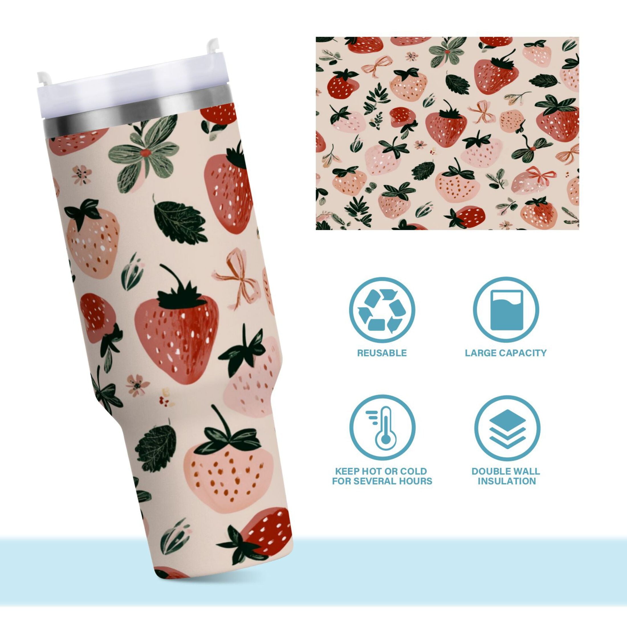 30 oz Insulated Stainless Steel Tumbler Double Wall Stainless Steel Tumbler with 2-Way Drinking Cute Pinks Strawberries Edition-CQ1G