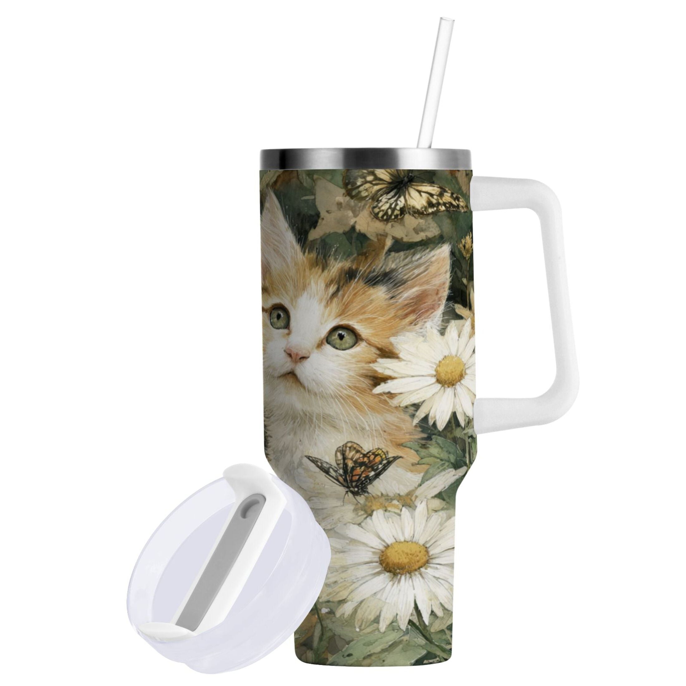 30 oz Insulated Stainless Steel Tumbler Double Wall Stainless Steel Tumbler with 2-Way Drinking Adorable Cats and Daisies Edition-E14Q
