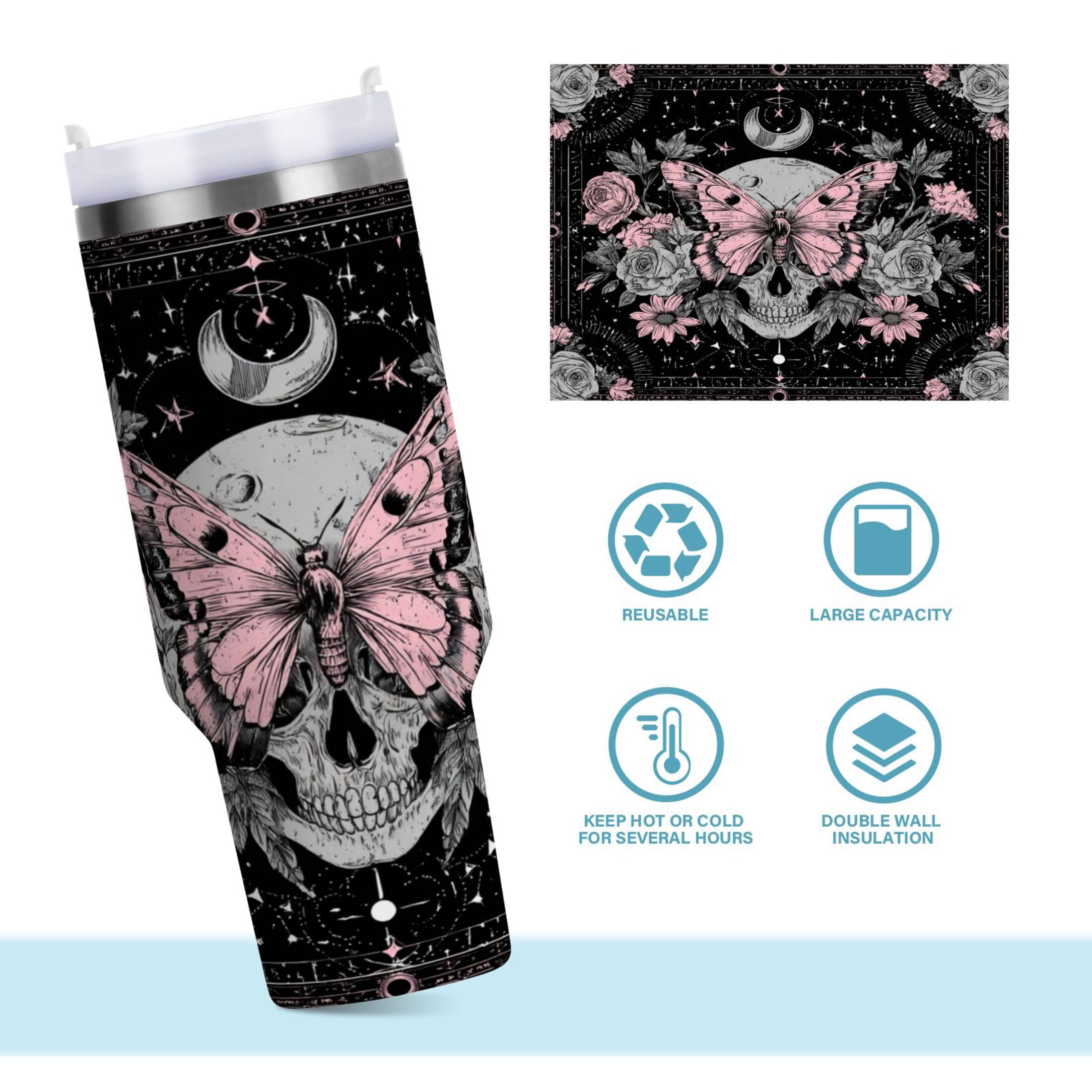 30 oz Insulated Stainless Steel Tumbler Double Wall Stainless Steel Tumbler with 2-Way Drinking Butterfly by Moon and Flowers Edition-D734