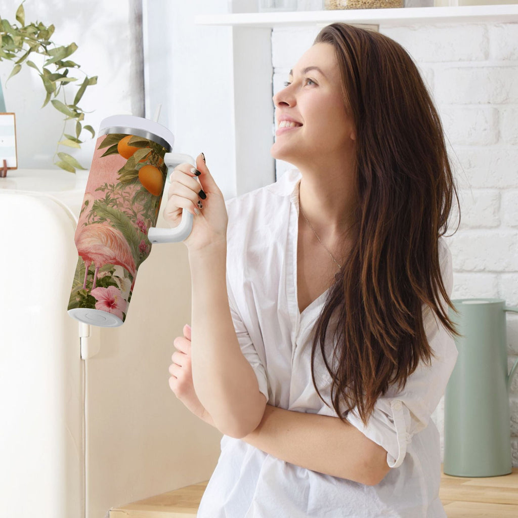 40 oz Insulated Stainless Steel Tumbler Double Wall Stainless Steel Tumbler with 2-Way Drinking Flamingos in Tropical Garden Edition-HXK2