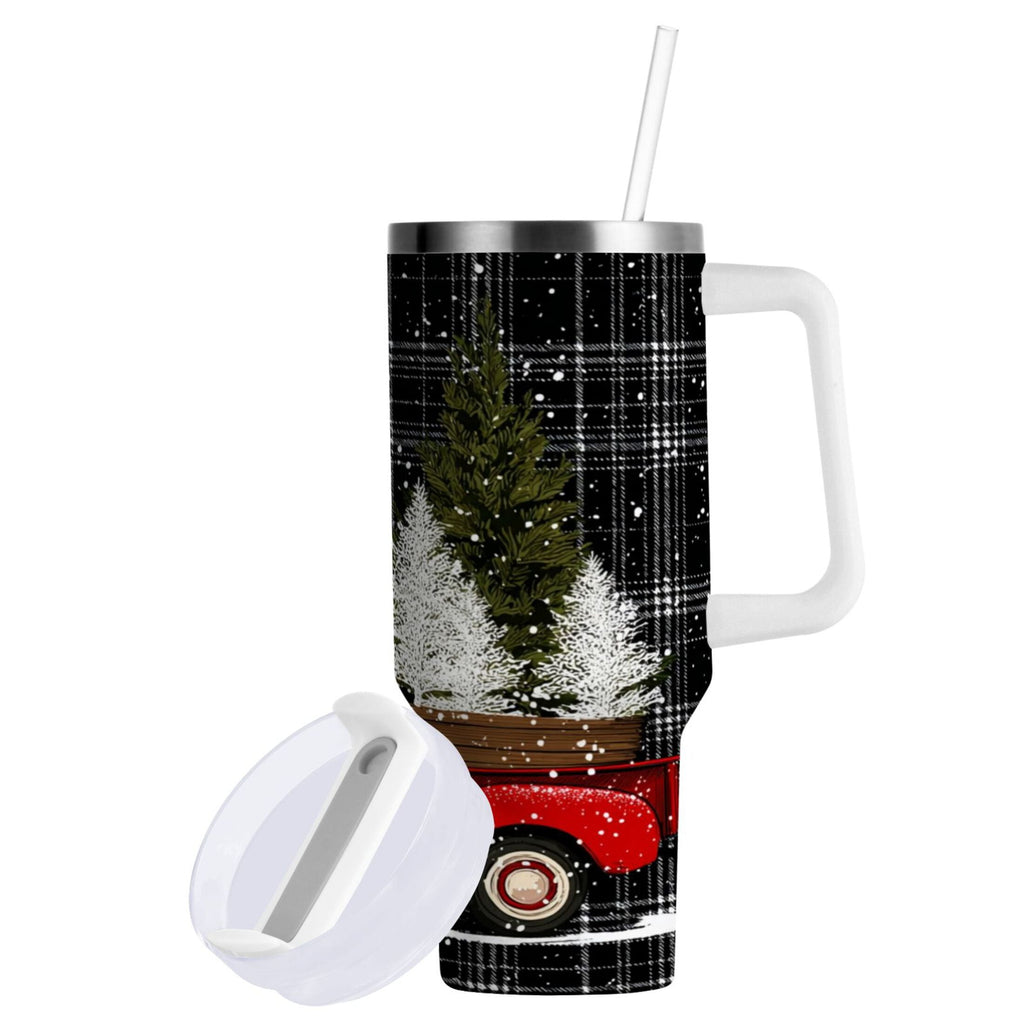 40 oz Insulated Stainless Steel Tumbler Double Wall Stainless Steel Tumbler with 2-Way Drinking Red Truck with Christmas Tree Edition-1SYY
