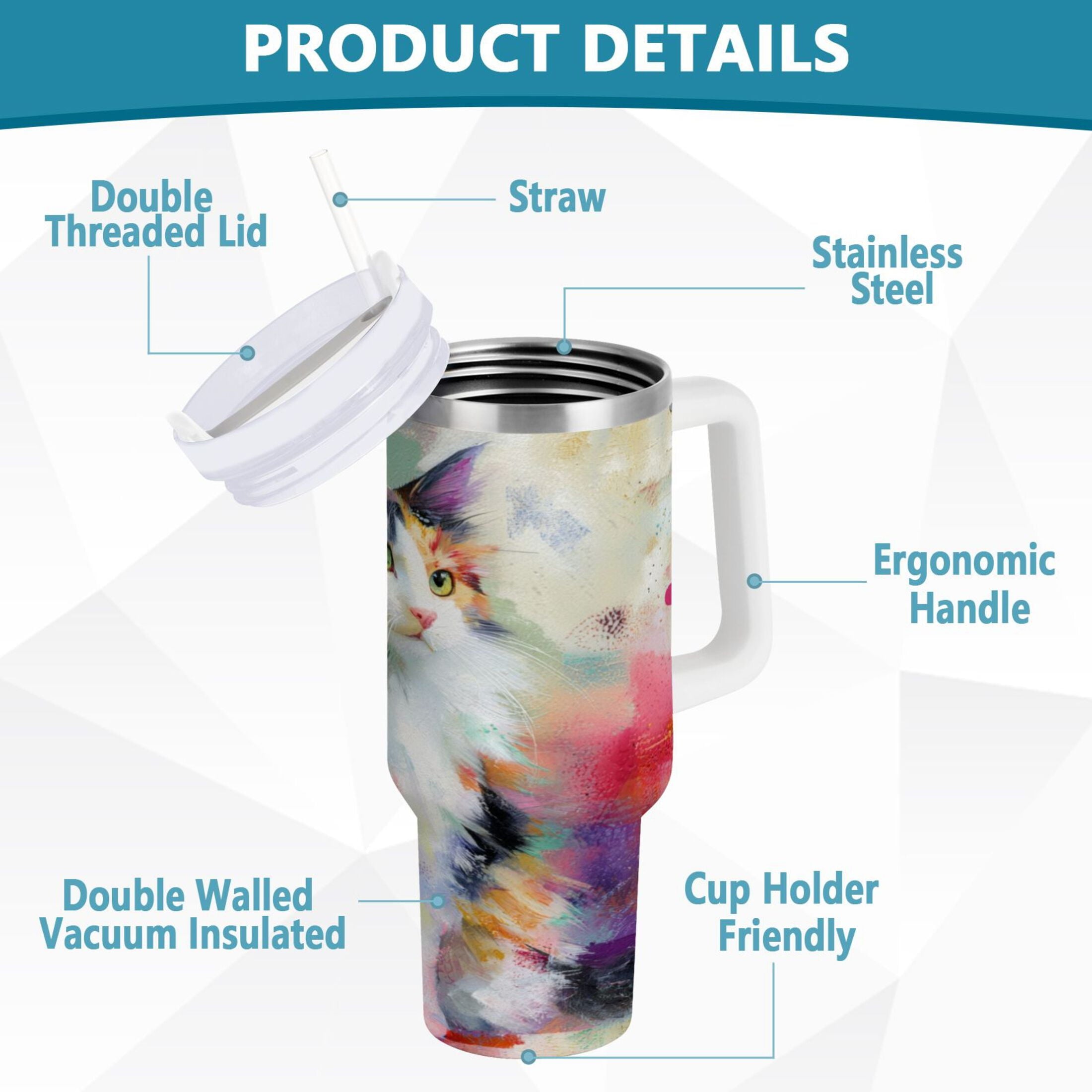30 oz Insulated Stainless Steel Tumbler Double Wall Stainless Steel Tumbler with 2-Way Drinking Charming Hairy Cat Edition-4VCT
