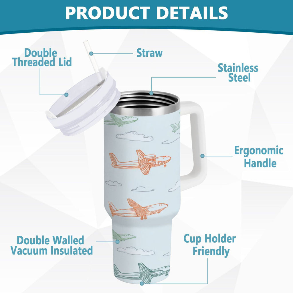 30 oz Insulated Stainless Steel Tumbler Double Wall Stainless Steel Tumbler with 2-Way Drinking Pastel Doodle Airplanes Edition-IB23