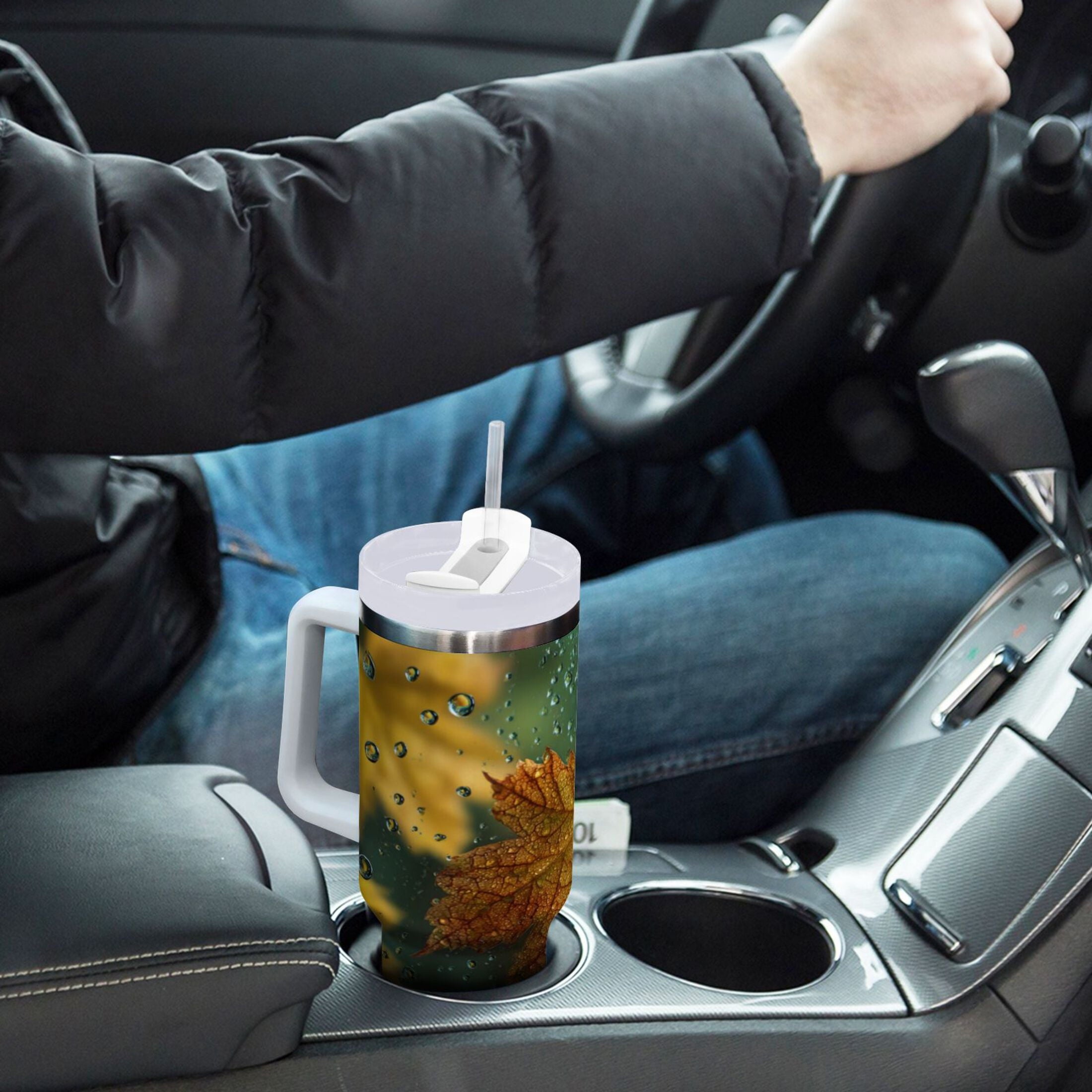 30 oz Insulated Stainless Steel Tumbler Double Wall Stainless Steel Tumbler with 2-Way Drinking Leaves with Water Droplets Edition-4Z0Q