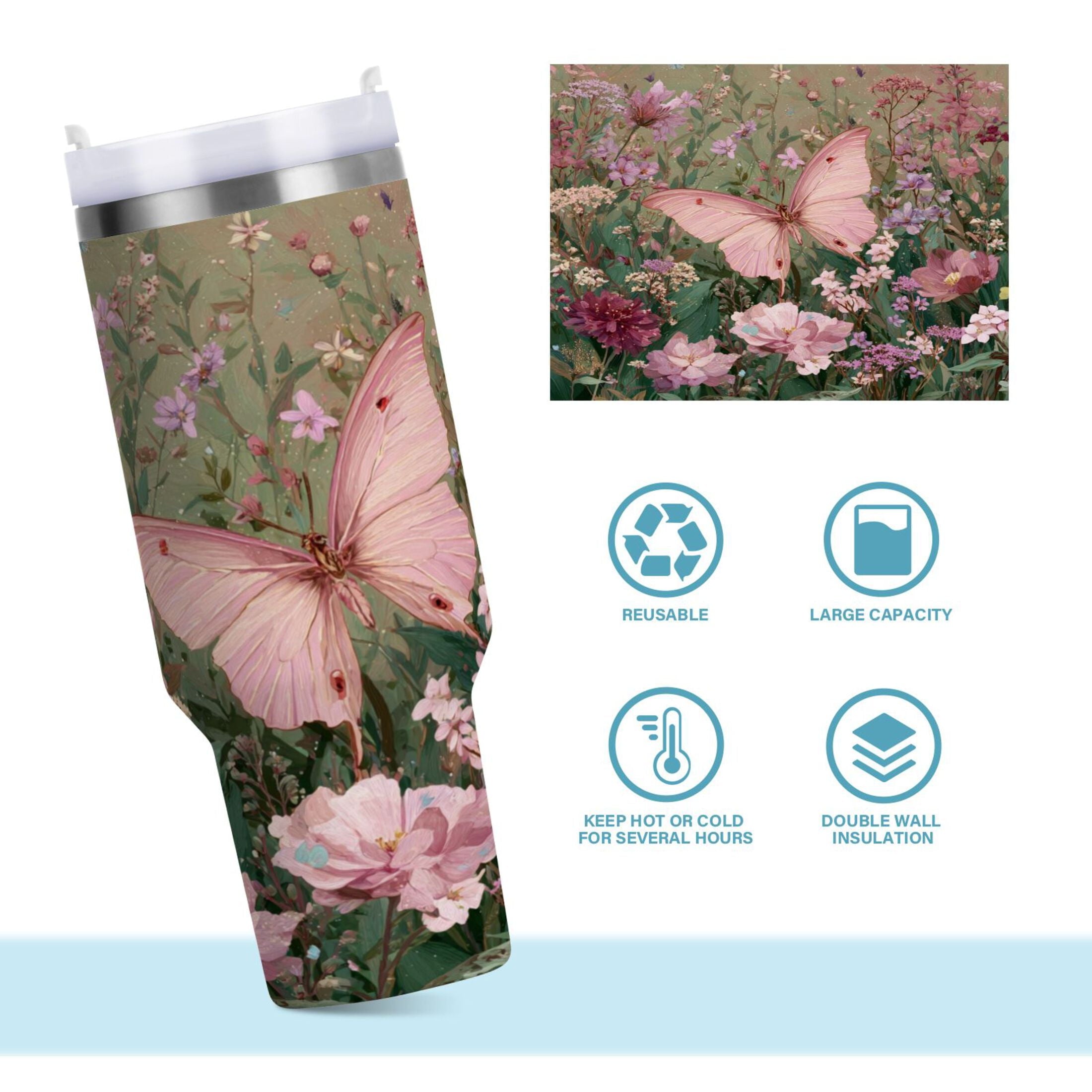 30 oz Insulated Stainless Steel Tumbler Double Wall Stainless Steel Tumbler with 2-Way Drinking Delicate Butterfly Edition-N7B9
