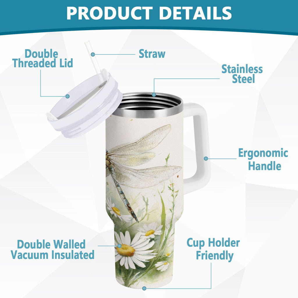 30 oz Insulated Stainless Steel Tumbler Double Wall Stainless Steel Tumbler with 2-Way Drinking Dragonflies with White Daisies Edition-EJMT