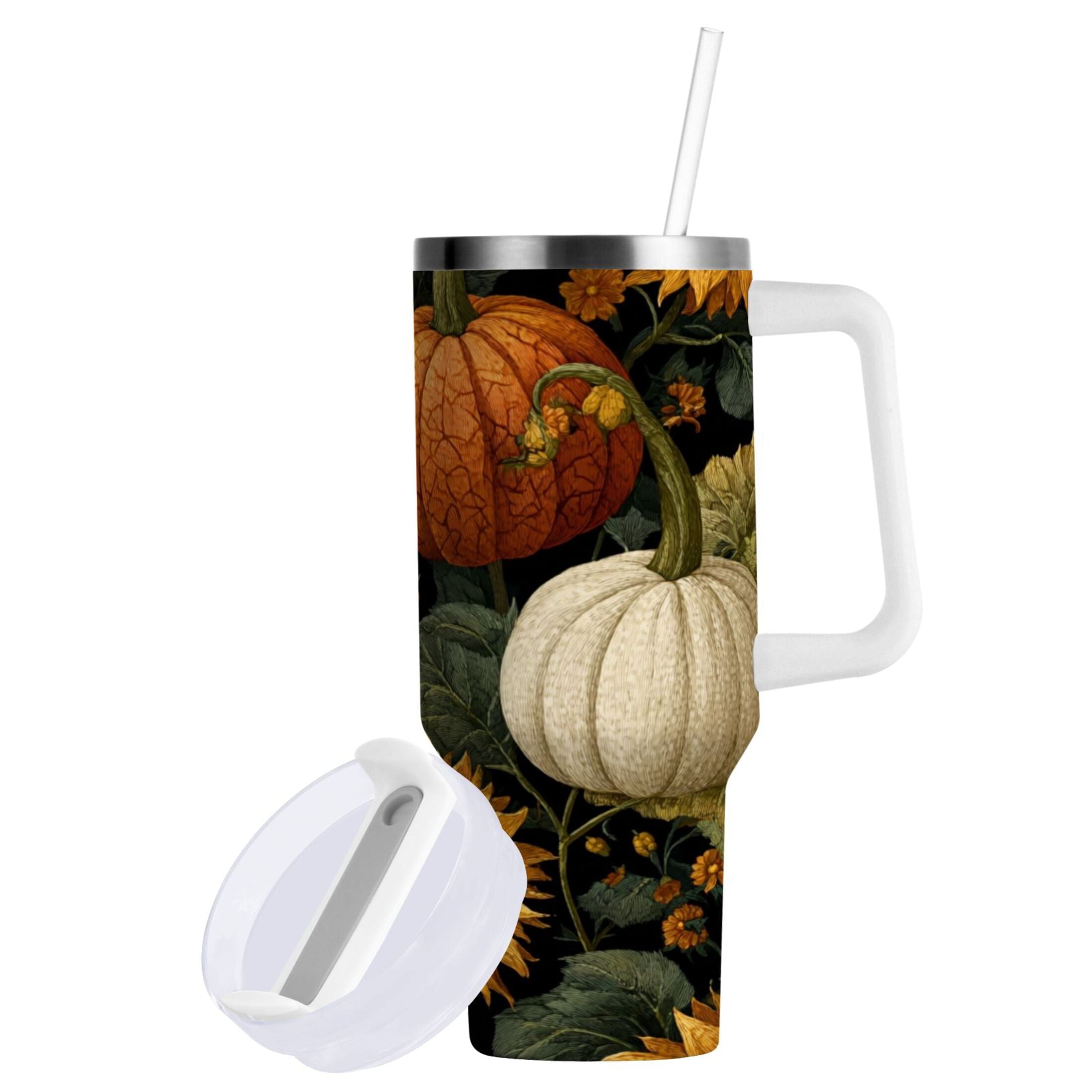 40 oz Insulated Stainless Steel Tumbler Double Wall Stainless Steel Tumbler with 2-Way Drinking Pumpkins and Sunflowers Pattern Edition-HSMJ
