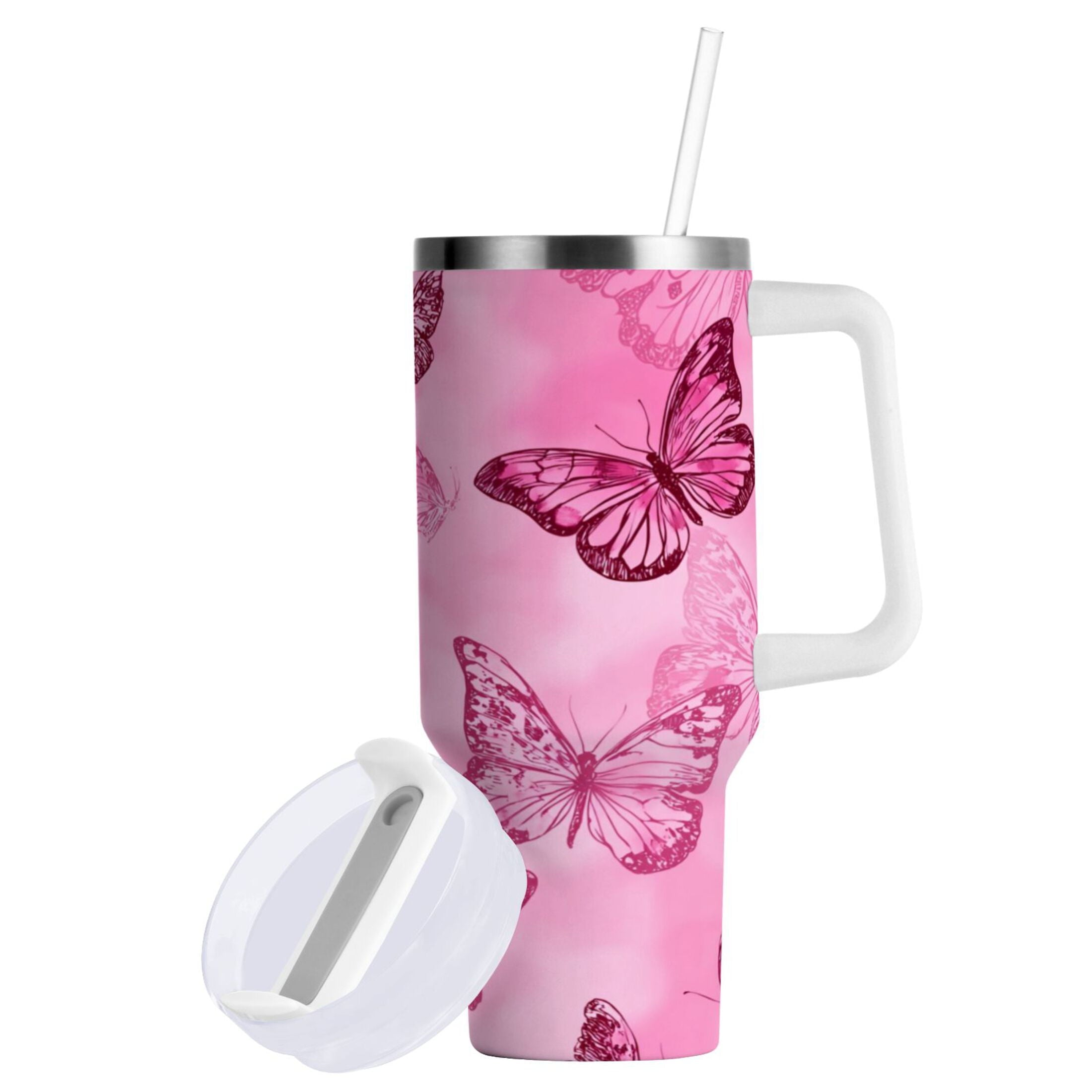 40 oz Insulated Stainless Steel Tumbler Double Wall Stainless Steel Tumbler with 2-Way Drinking Pink Butterfly Pattern Edition-BXAN