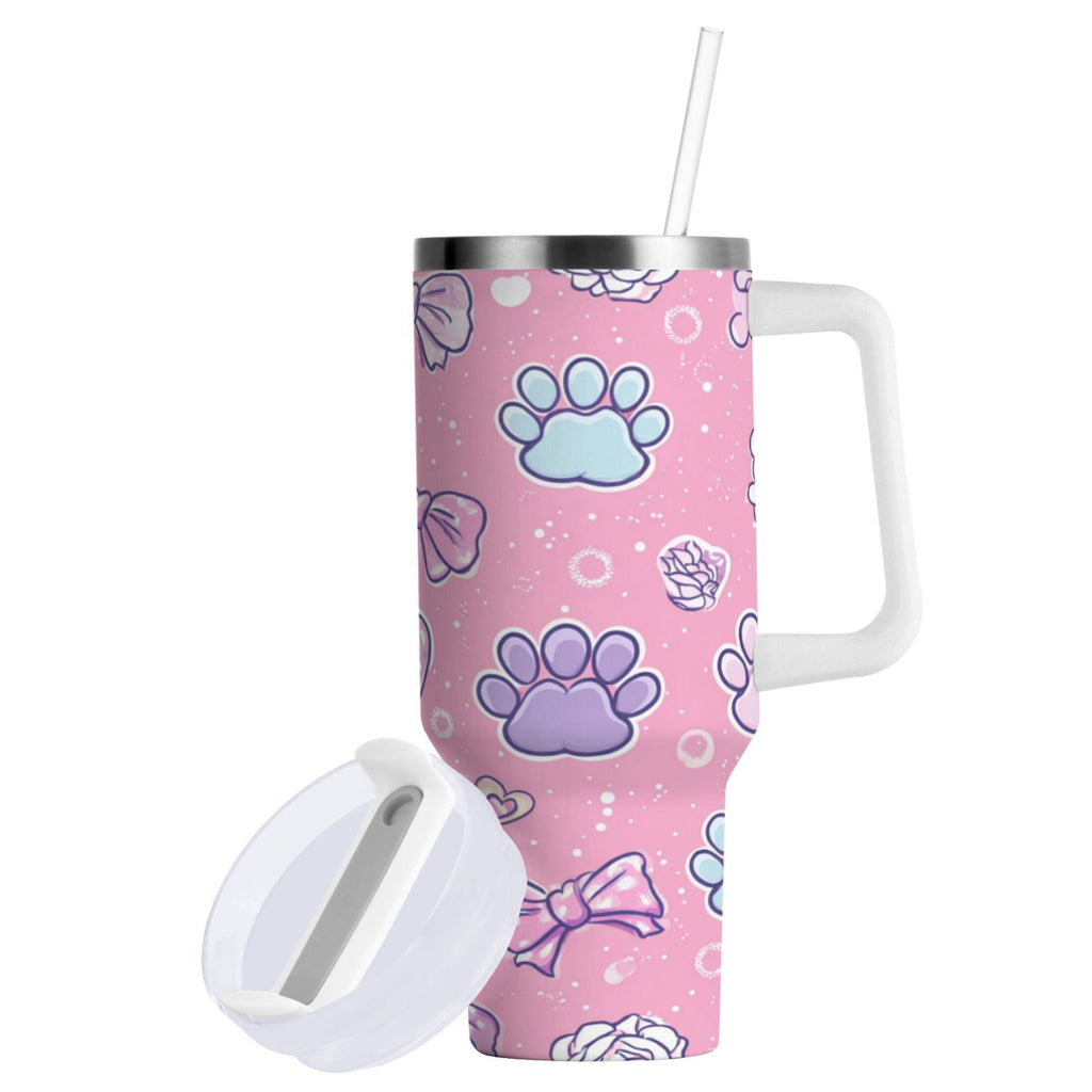 30 oz Insulated Stainless Steel Tumbler Double Wall Stainless Steel Tumbler with 2-Way Drinking Dog Paw Prints and Bows Edition-IJEB