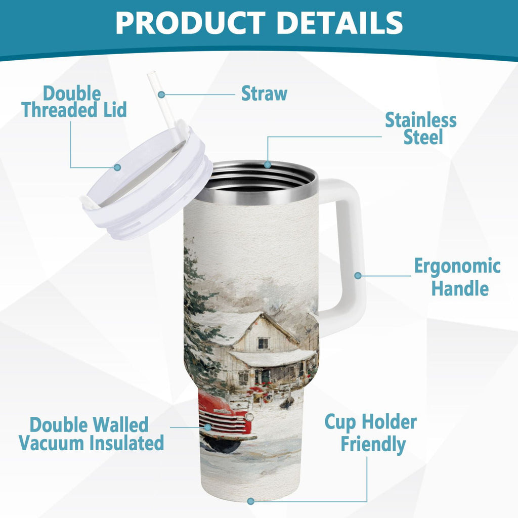 30 oz Insulated Stainless Steel Tumbler Double Wall Stainless Steel Tumbler with 2-Way Drinking Truck with Christmas Decorations Edition-KHYS
