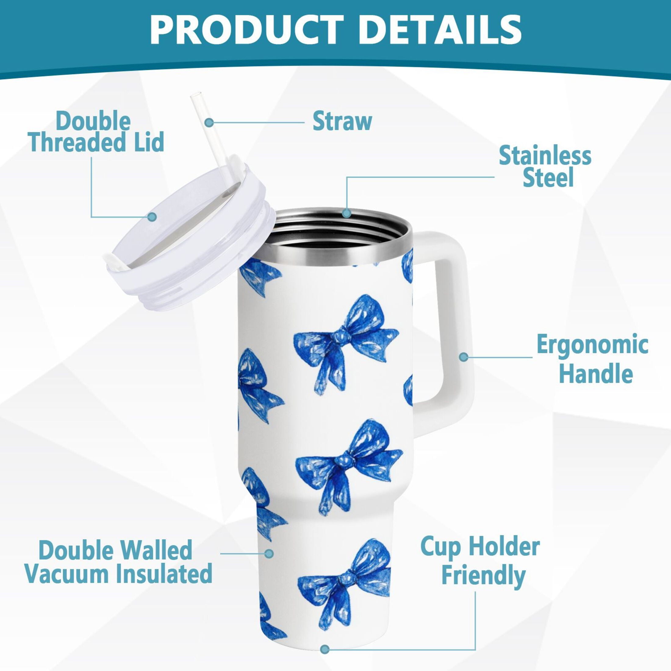 30 oz Insulated Stainless Steel Tumbler Double Wall Stainless Steel Tumbler with 2-Way Drinking Blue Bows Pattern Edition-ZCW1