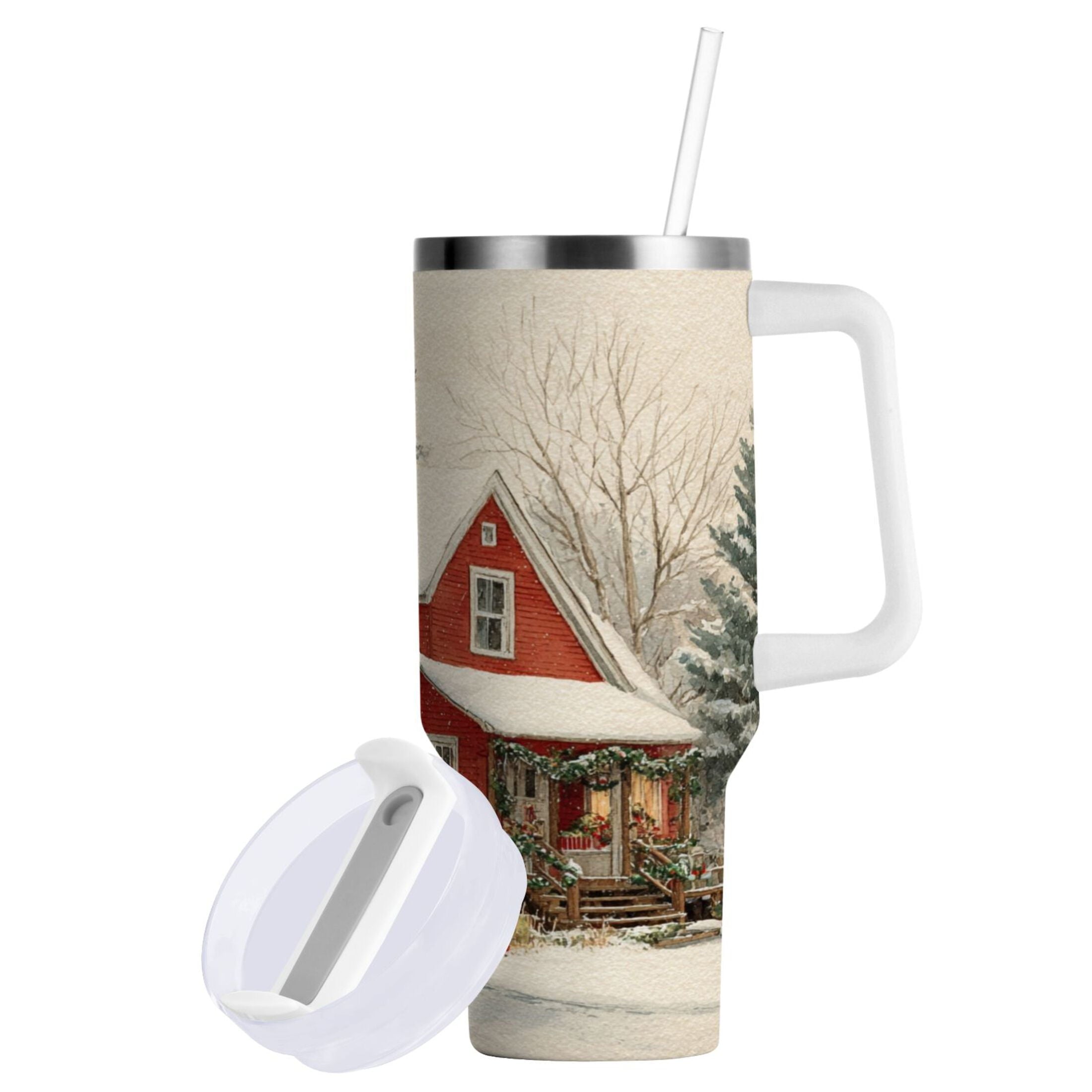 40 oz Insulated Stainless Steel Tumbler Double Wall Stainless Steel Tumbler with 2-Way Drinking House with Snow-covered Roof Edition-4AKM