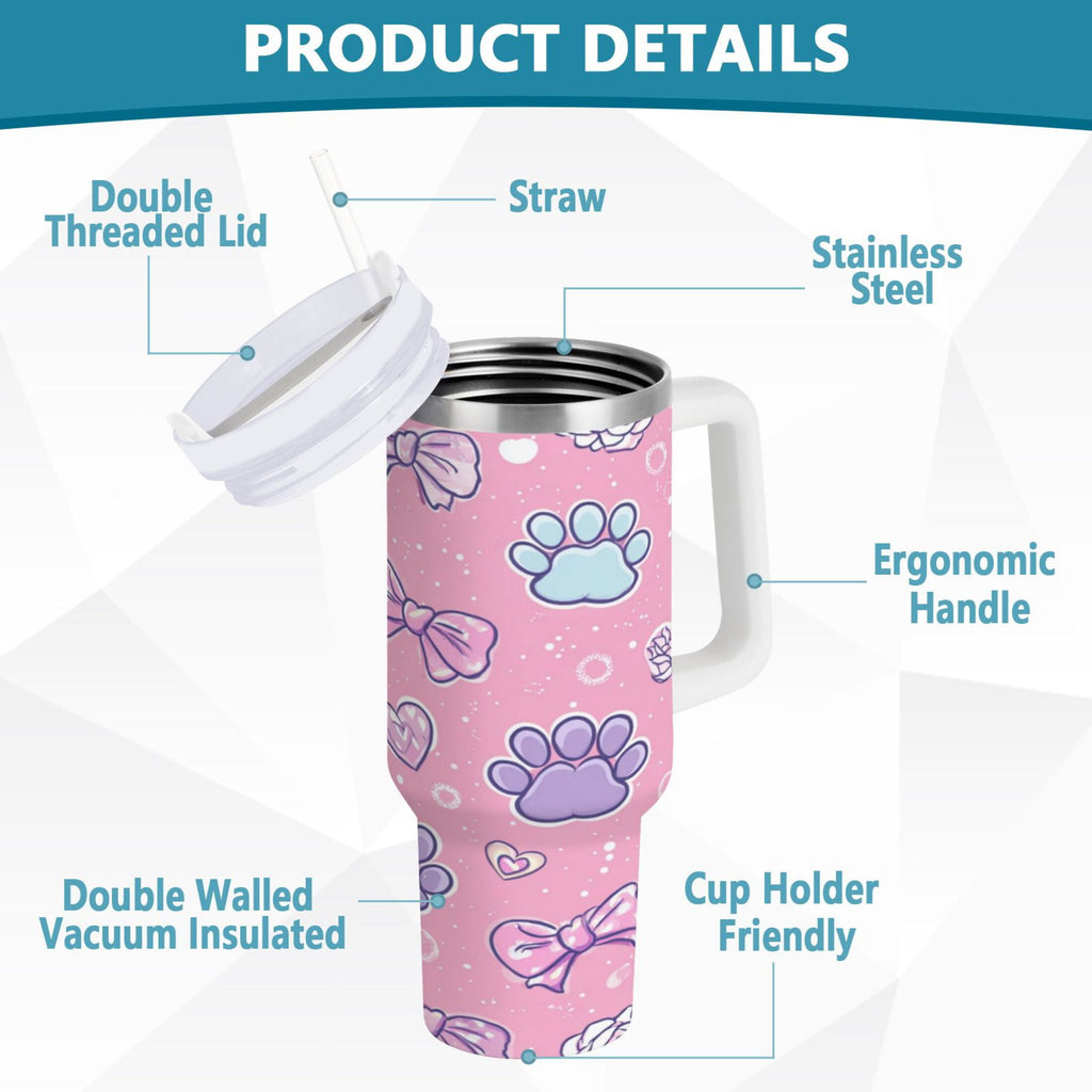 30 oz Insulated Stainless Steel Tumbler Double Wall Stainless Steel Tumbler with 2-Way Drinking Dog Paw Prints and Bows Edition-IJEB
