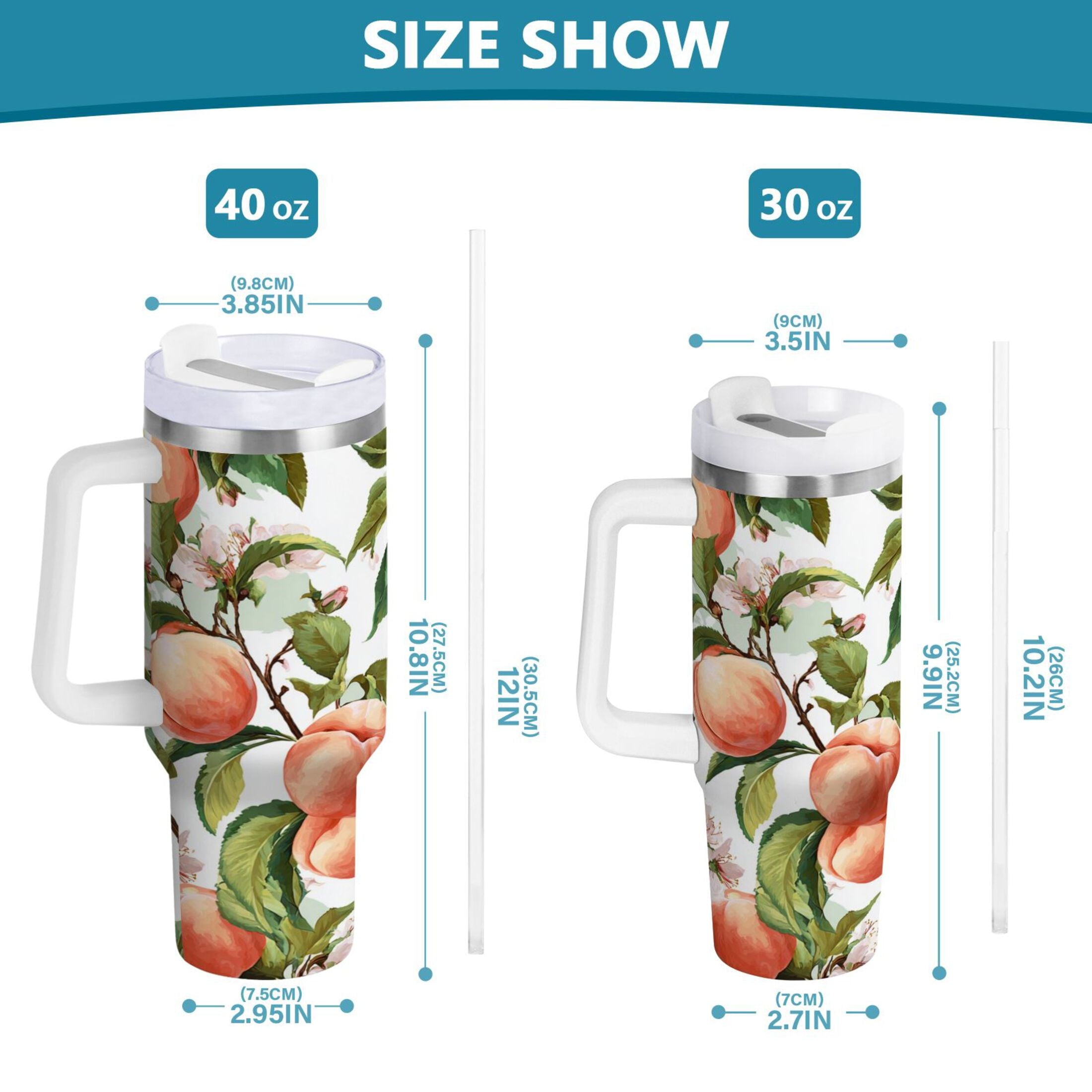 30 oz Insulated Stainless Steel Tumbler Double Wall Stainless Steel Tumbler with 2-Way Drinking Peach Fruit Pattern Edition-M2ZA