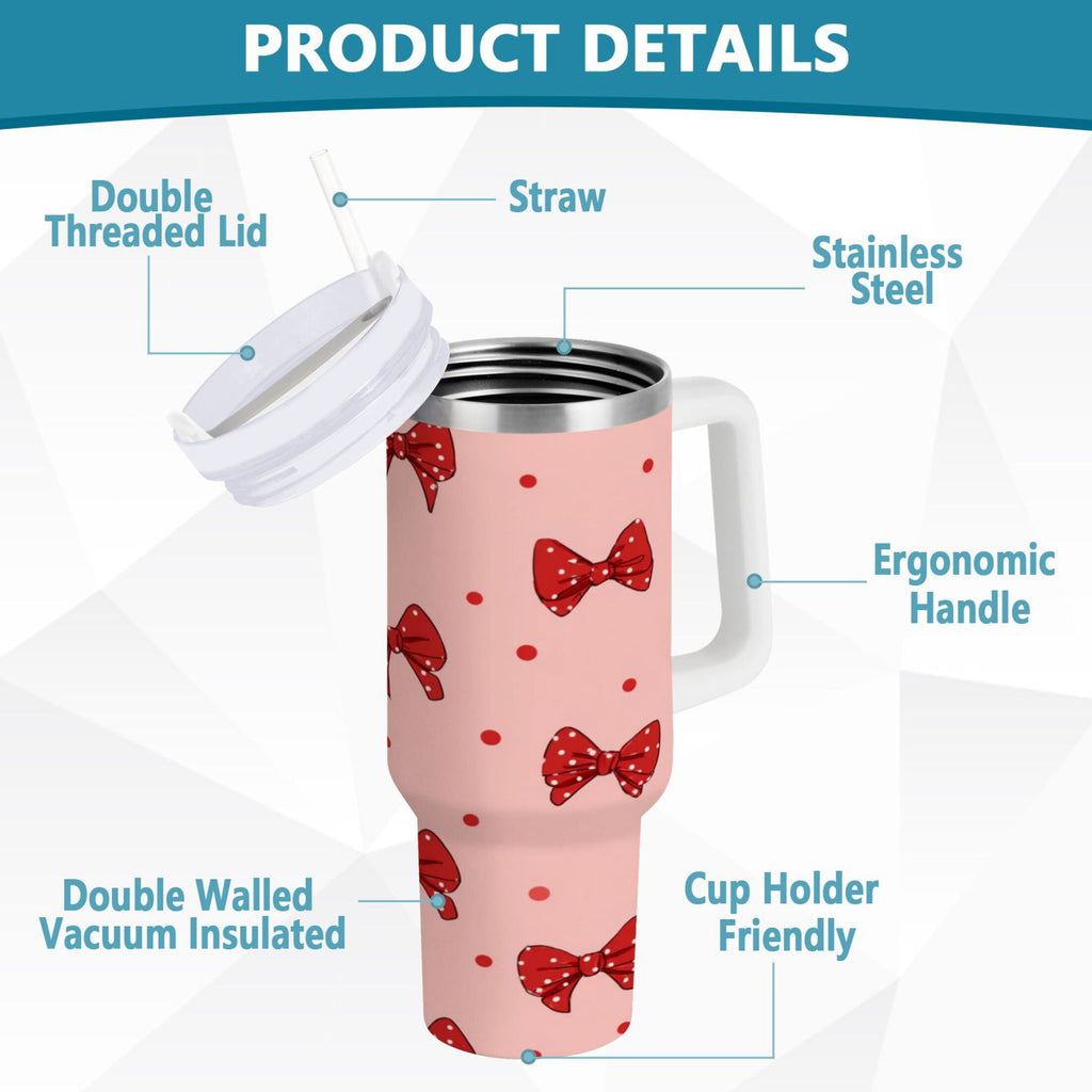 40 oz Insulated Stainless Steel Tumbler Double Wall Stainless Steel Tumbler with 2-Way Drinking Red Bows and Polka Dots Edition-RGW3
