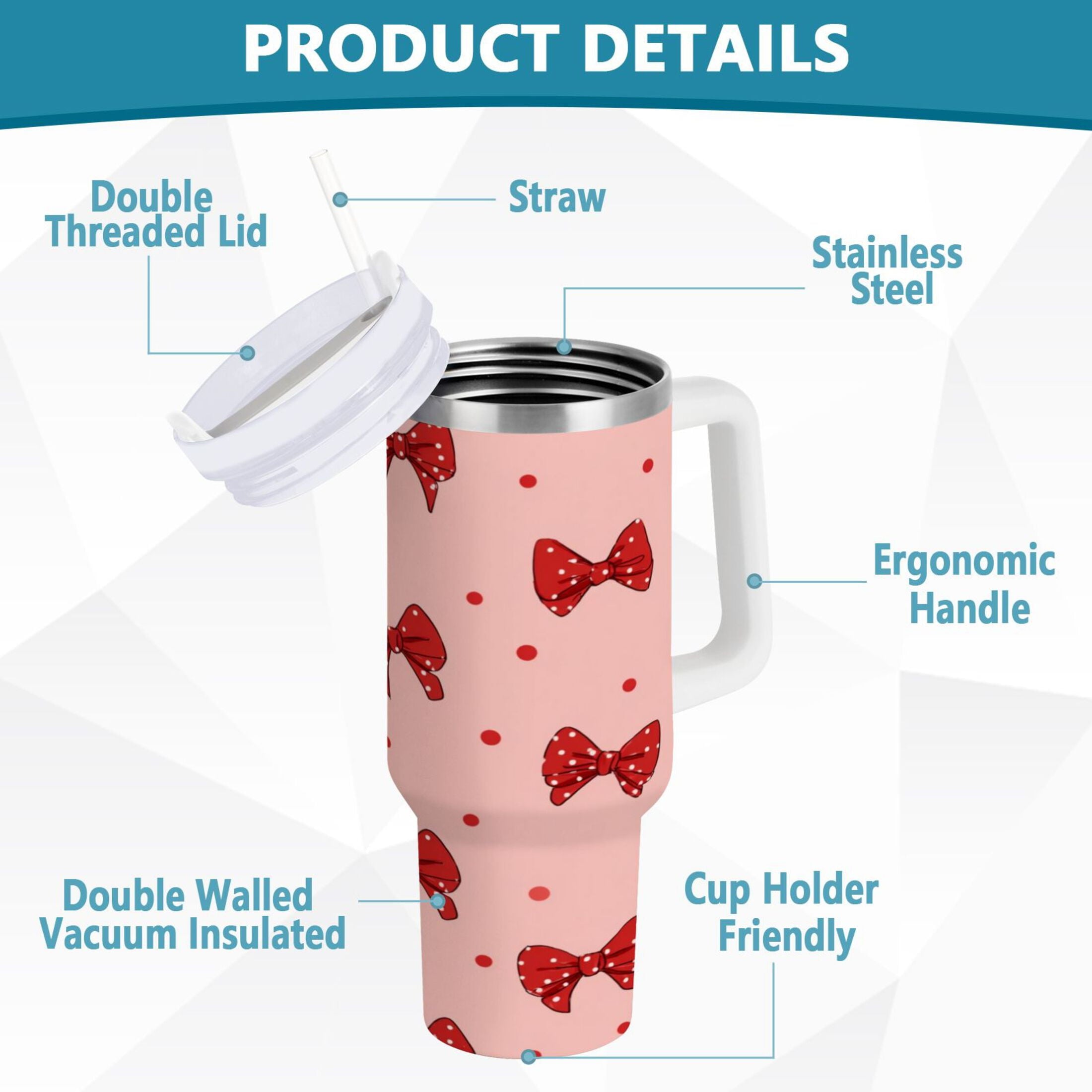 40 oz Insulated Stainless Steel Tumbler Double Wall Stainless Steel Tumbler with 2-Way Drinking Red Bows and Polka Dots Edition-RGW3