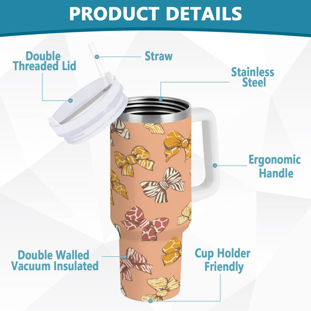 40 oz Insulated Stainless Steel Tumbler Double Wall Stainless Steel Tumbler with 2-Way Drinking Cute Animal Print Bows Edition-WG06