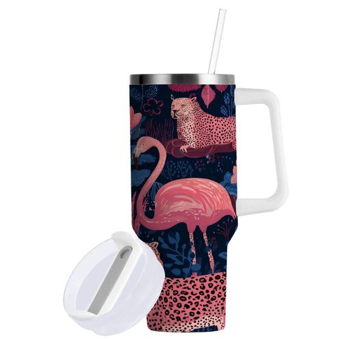 30 oz Insulated Stainless Steel Tumbler Double Wall Stainless Steel Tumbler with 2-Way Drinking Flamingos and Leopard Print Edition-LP8S