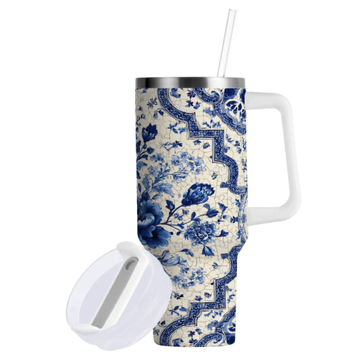 30 oz Insulated Stainless Steel Tumbler Double Wall Stainless Steel Tumbler with 2-Way Drinking Blue and White Porcelain-style Edition-QSUP