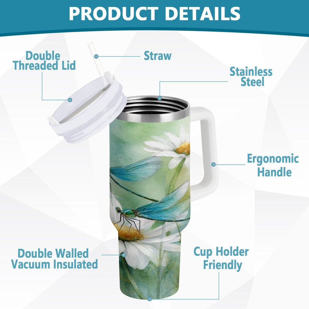 30 oz Insulated Stainless Steel Tumbler Double Wall Stainless Steel Tumbler with 2-Way Drinking Beautiful Dragonflies and Daisies Edition-LX77