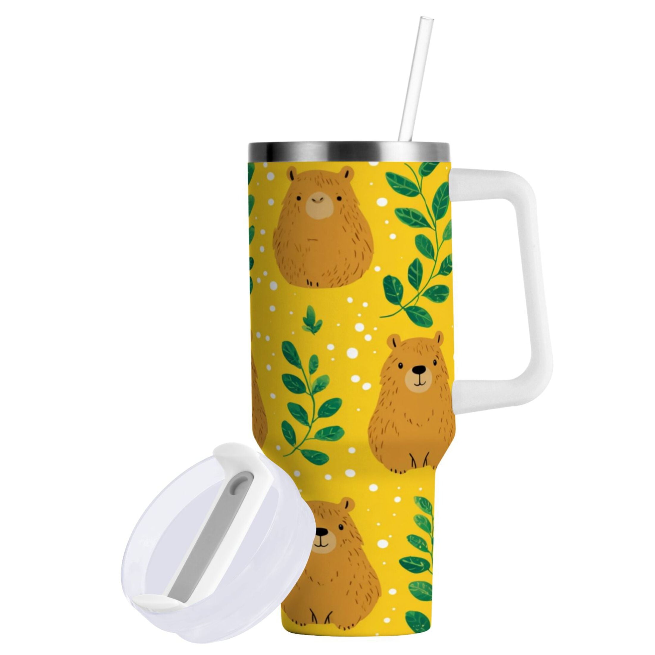 30 oz Insulated Stainless Steel Tumbler Double Wall Stainless Steel Tumbler with 2-Way Drinking Capybara and Green Leaves Edition-CLVI