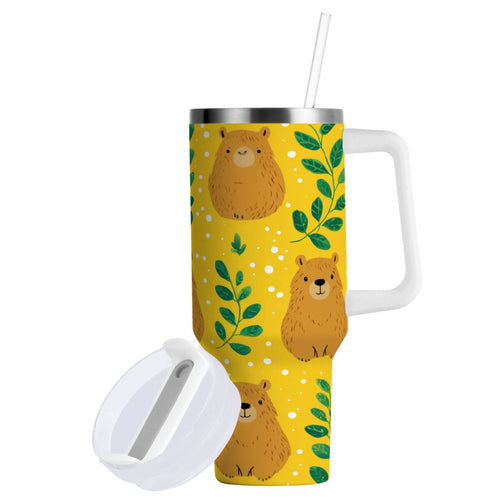 30 oz Insulated Stainless Steel Tumbler Double Wall Stainless Steel Tumbler with 2-Way Drinking Capybara and Green Leaves Edition-CLVI