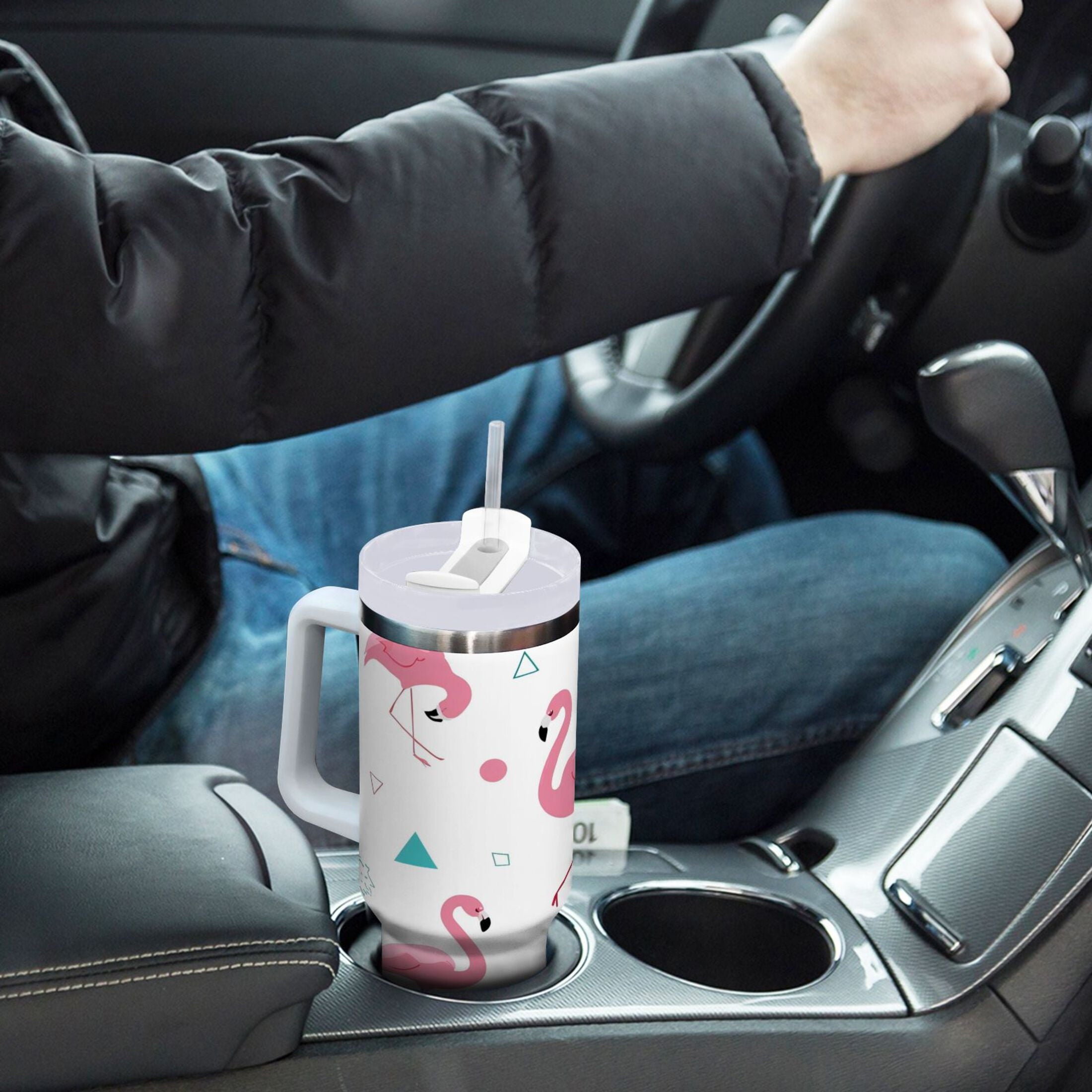 40 oz Insulated Stainless Steel Tumbler Double Wall Stainless Steel Tumbler with 2-Way Drinking Cute Flamingo Pattern Edition-3ISL