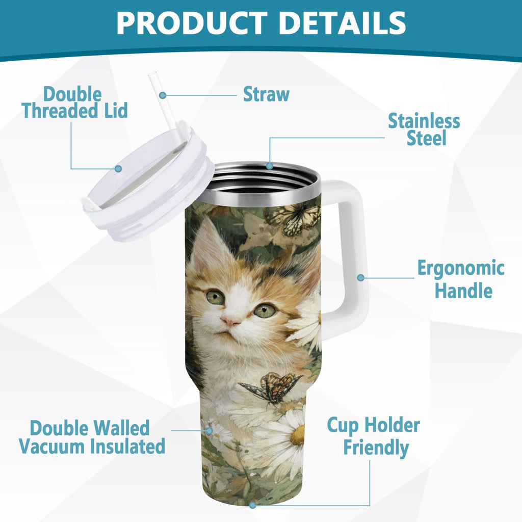 30 oz Insulated Stainless Steel Tumbler Double Wall Stainless Steel Tumbler with 2-Way Drinking Adorable Cats and Daisies Edition-E14Q
