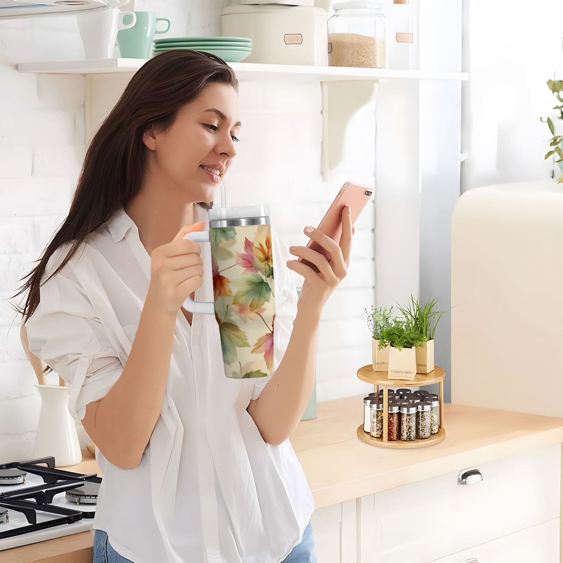 40 oz Insulated Stainless Steel Tumbler Double Wall Stainless Steel Tumbler with 2-Way Drinking Watercolor Maple Leaves Pattern Edition-I5IS