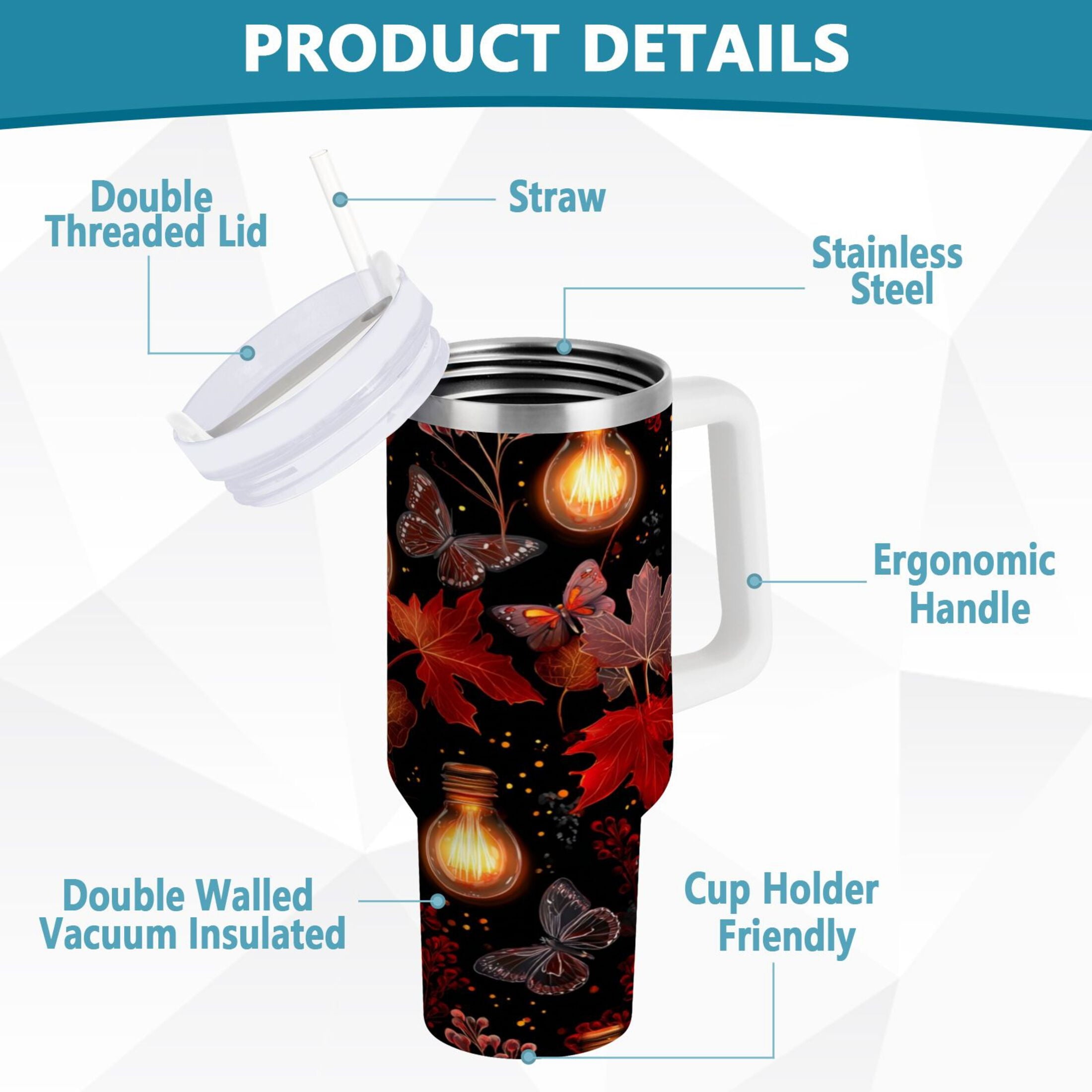 40 oz Insulated Stainless Steel Tumbler Double Wall Stainless Steel Tumbler with 2-Way Drinking Light Bulbs and Maple Leaves Edition-JSQN