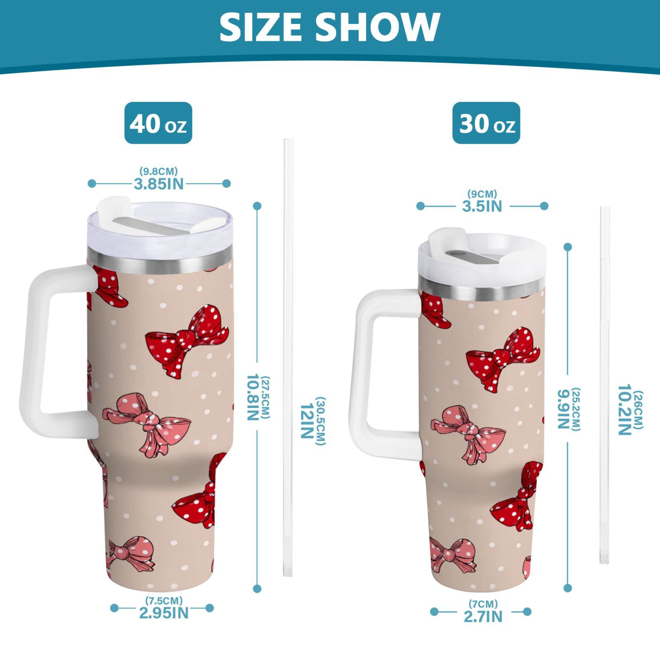 30 oz Insulated Stainless Steel Tumbler Double Wall Stainless Steel Tumbler with 2-Way Drinking Cute Red Bows Pattern Edition-YMU3